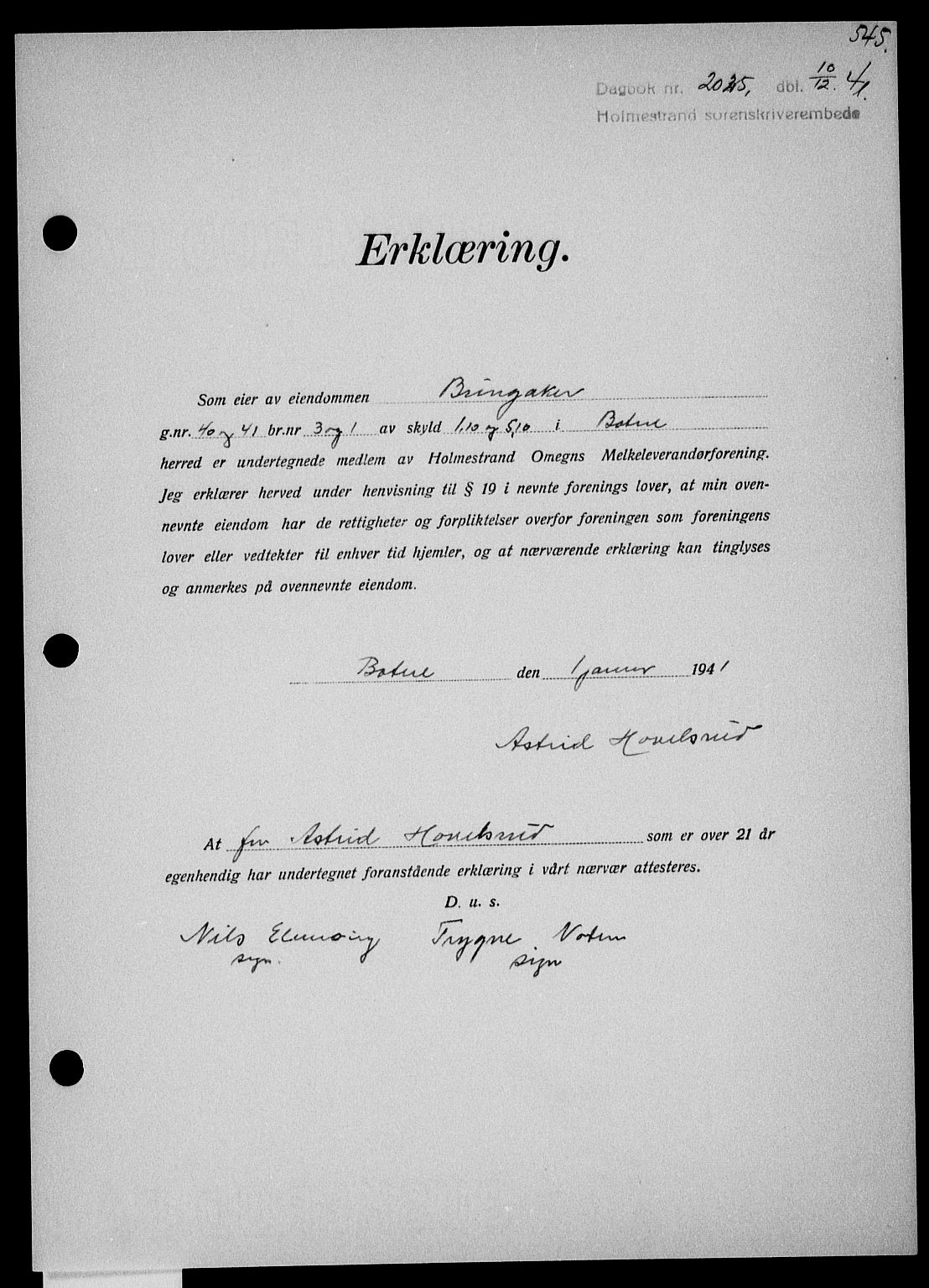Holmestrand sorenskriveri, SAKO/A-67/G/Ga/Gaa/L0054: Pantebok nr. A-54, 1941-1942, Dagboknr: 2025/1941