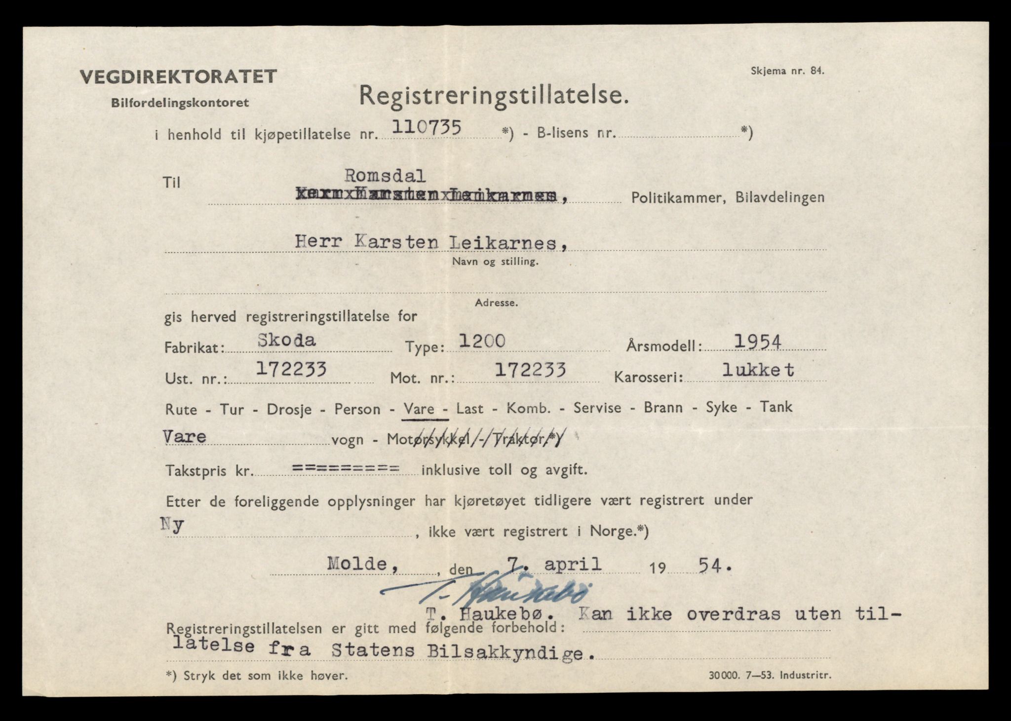 Møre og Romsdal vegkontor - Ålesund trafikkstasjon, AV/SAT-A-4099/F/Fe/L0035: Registreringskort for kjøretøy T 12653 - T 12829, 1927-1998, s. 1374