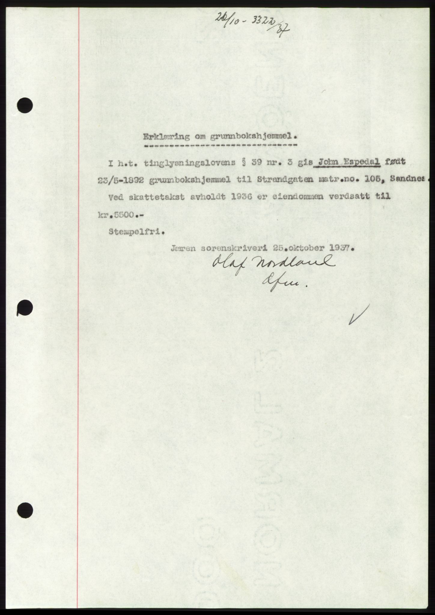 Jæren sorenskriveri, SAST/A-100310/03/G/Gba/L0069: Pantebok, 1937-1937, Dagboknr: 3322/1937