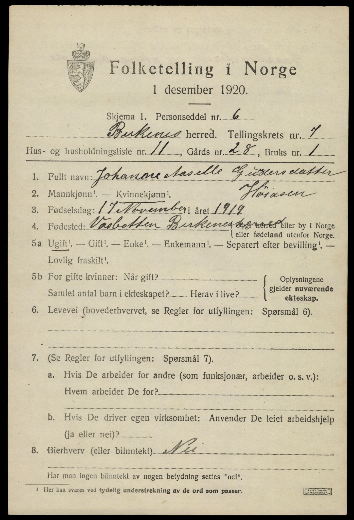 SAK, Folketelling 1920 for 0928 Birkenes herred, 1920, s. 4105