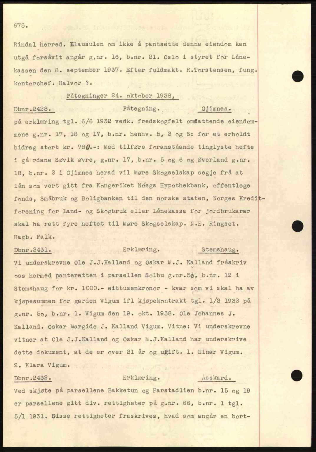 Nordmøre sorenskriveri, SAT/A-4132/1/2/2Ca: Pantebok nr. C80, 1936-1939, Dagboknr: 2428/1938