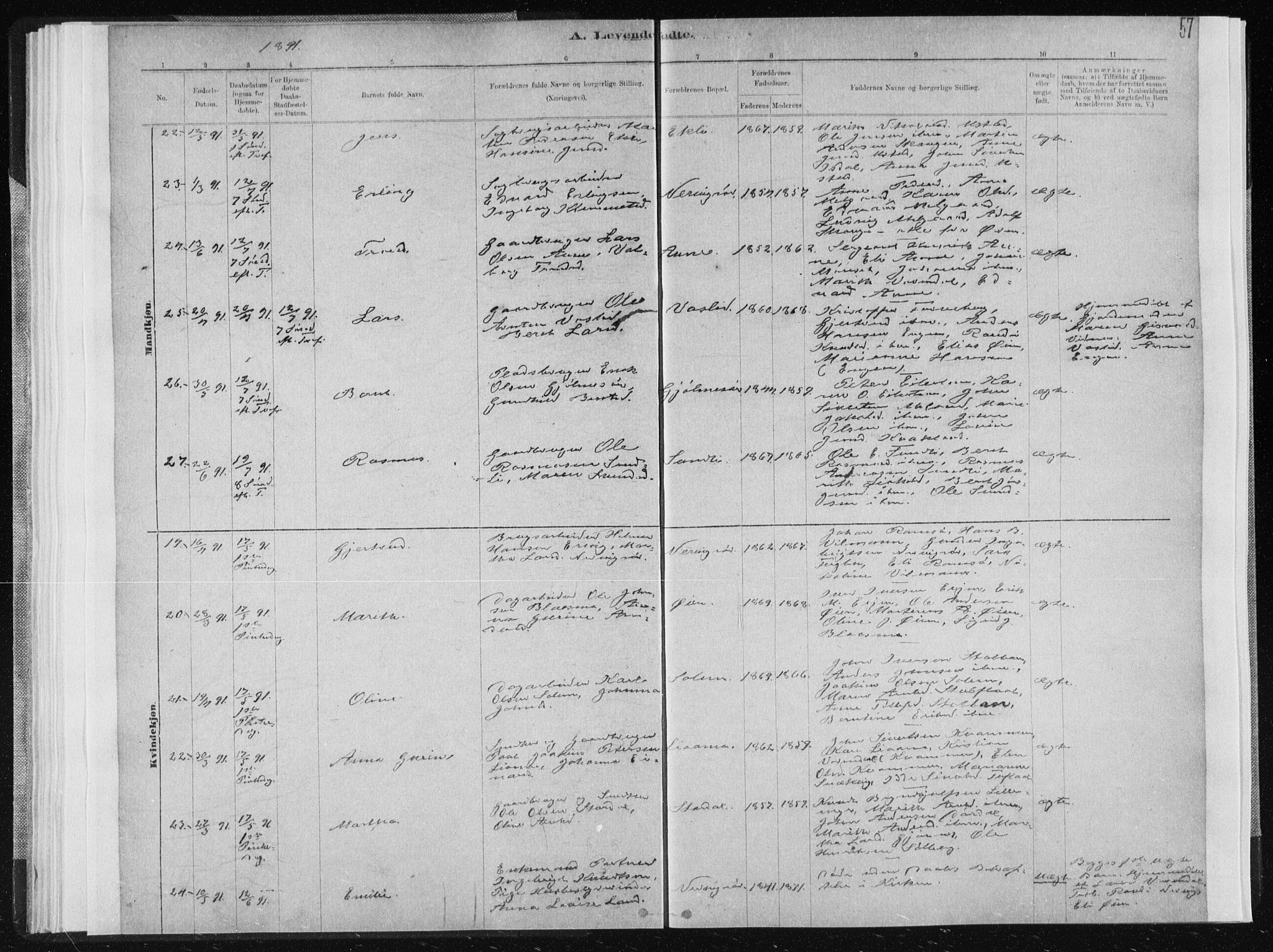 Ministerialprotokoller, klokkerbøker og fødselsregistre - Sør-Trøndelag, AV/SAT-A-1456/668/L0818: Klokkerbok nr. 668C07, 1885-1898, s. 57
