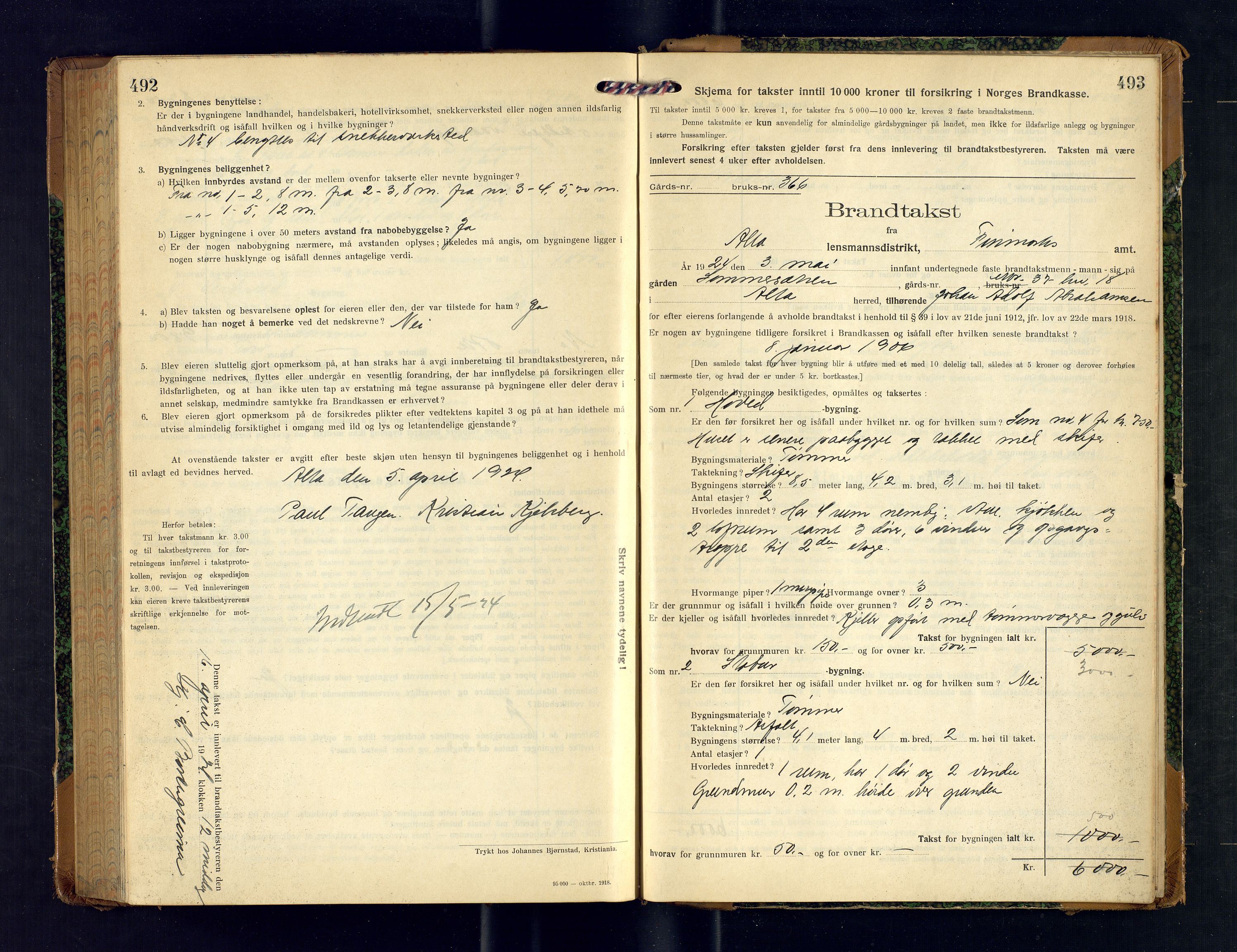 Alta lensmannskontor, AV/SATØ-S-1165/O/Ob/L0174: Branntakstprotokoll, 1921-1924, s. 492-493