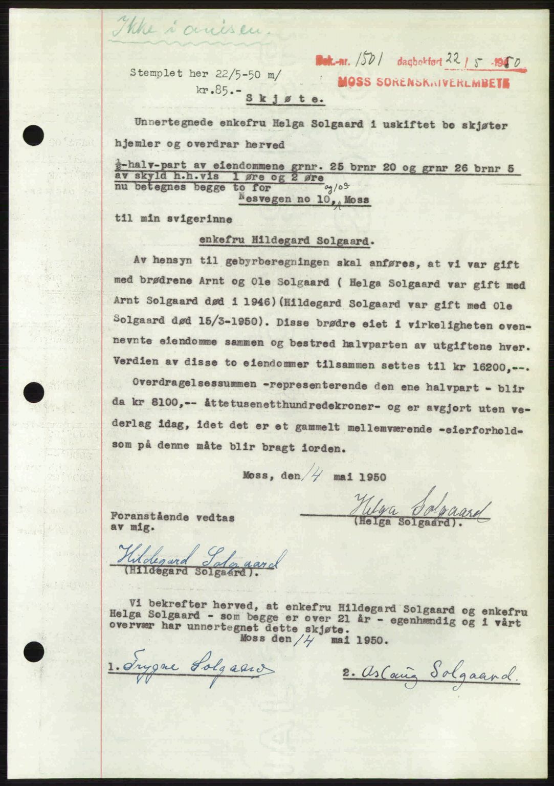Moss sorenskriveri, SAO/A-10168: Pantebok nr. A26, 1950-1950, Dagboknr: 1501/1950