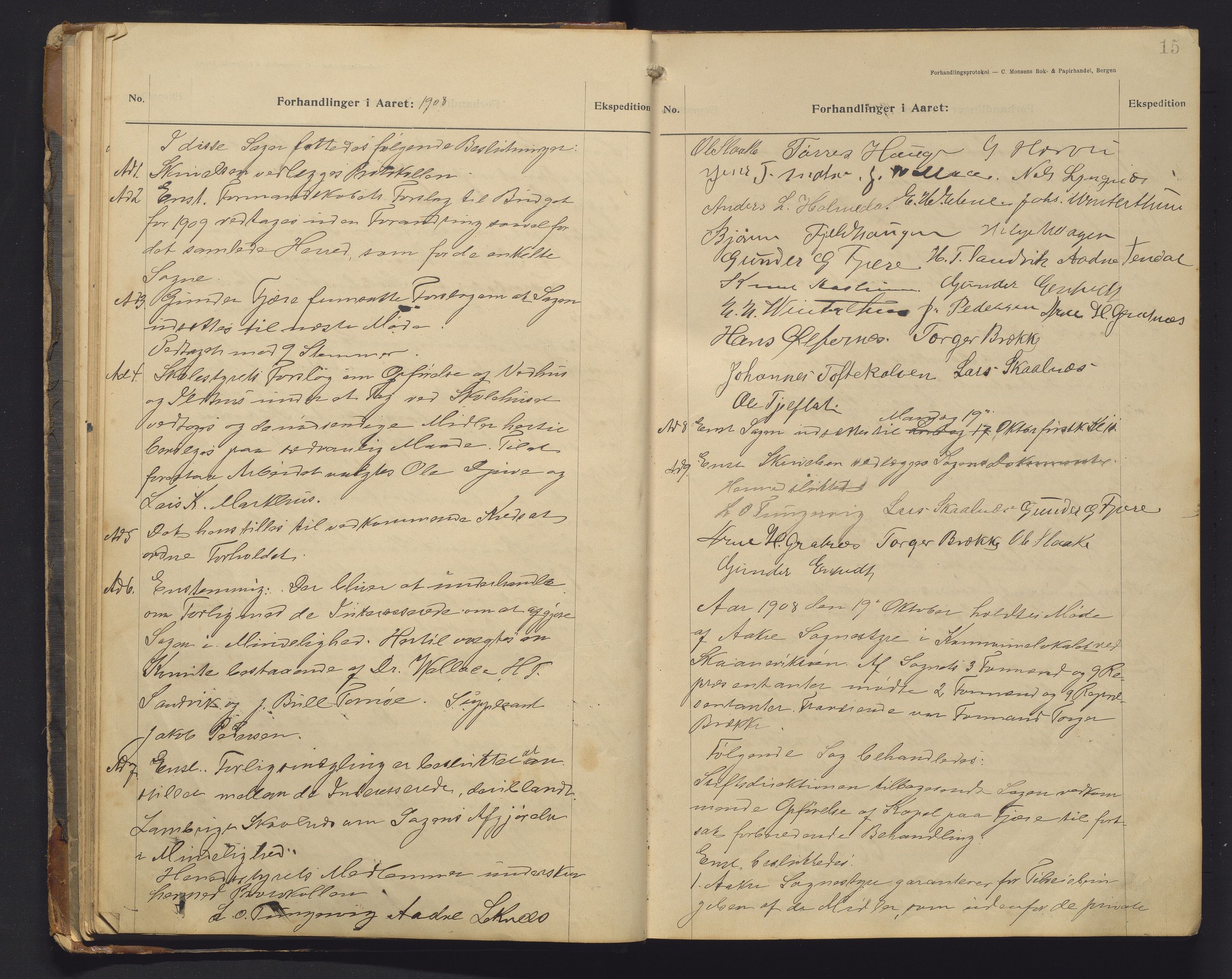 Skånevik kommune. Formannskapet, IKAH/1212-021/A/Aa/L0006: Møtebok for Skånevik formannskap og heradsstyre, 1908-1913, s. 15