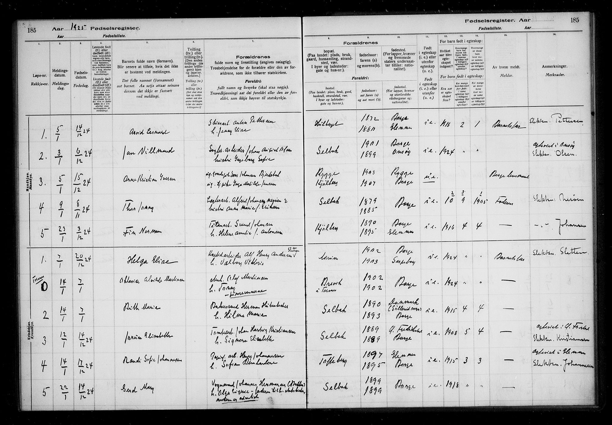 Borge prestekontor Kirkebøker, SAO/A-10903/J/Ja/L0001: Fødselsregister nr. I 1, 1916-1925, s. 185