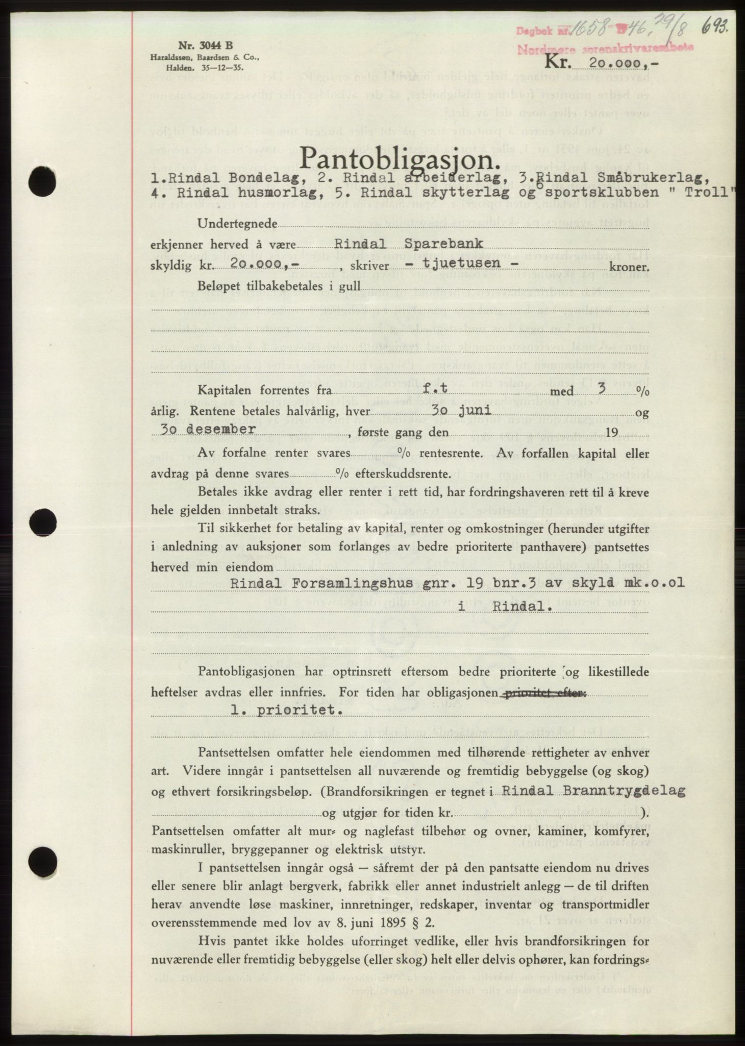 Nordmøre sorenskriveri, SAT/A-4132/1/2/2Ca: Pantebok nr. B94, 1946-1946, Dagboknr: 1658/1946