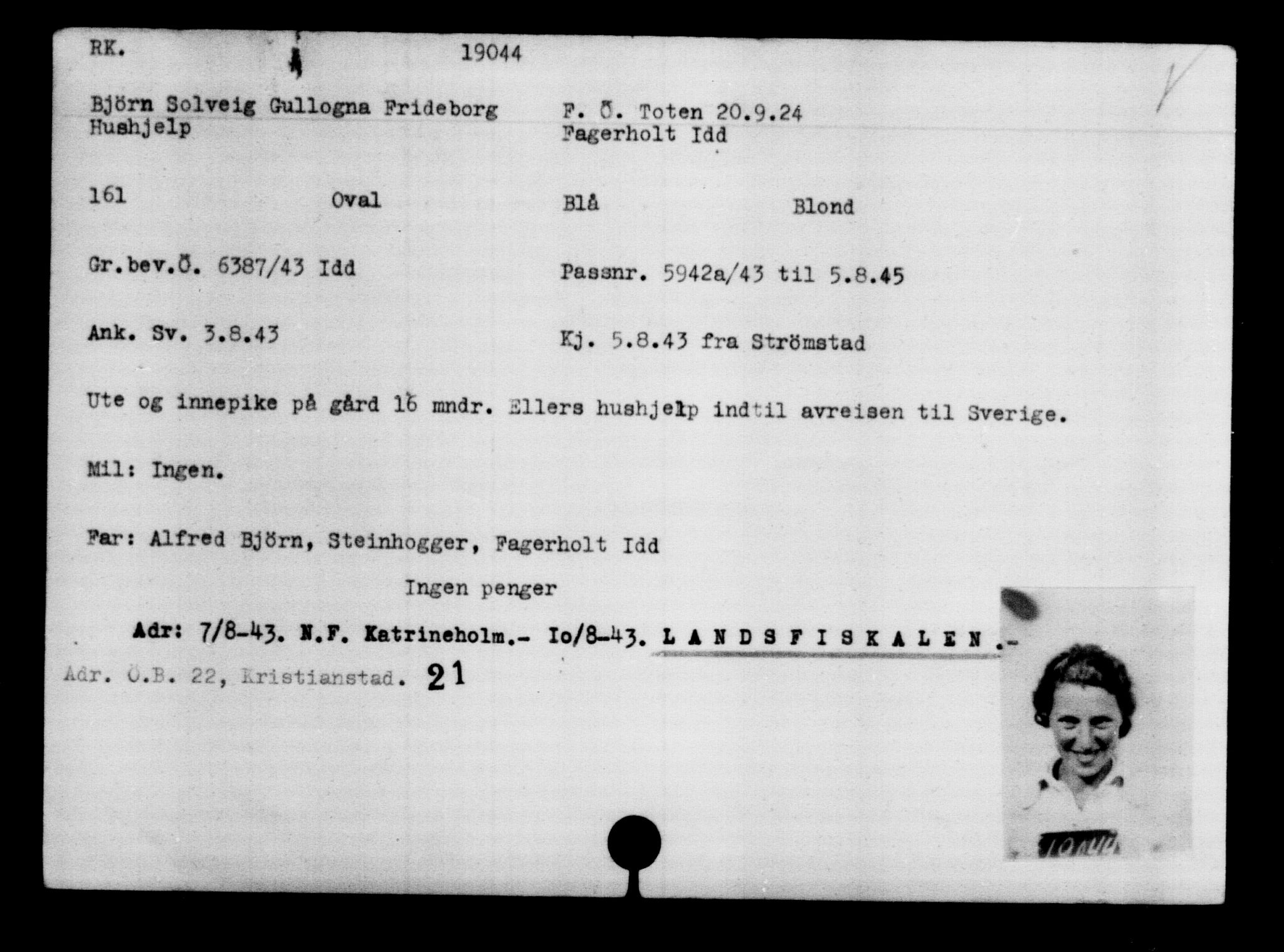 Utenriksstasjonene, Legasjonen i Stockholm, Flyktningkontoret, AV/RA-S-6753/V/Va/L0009: Kjesäterkartoteket, flyktninger med registreringsnr. 18502-22048, 1940-1945, s. 642