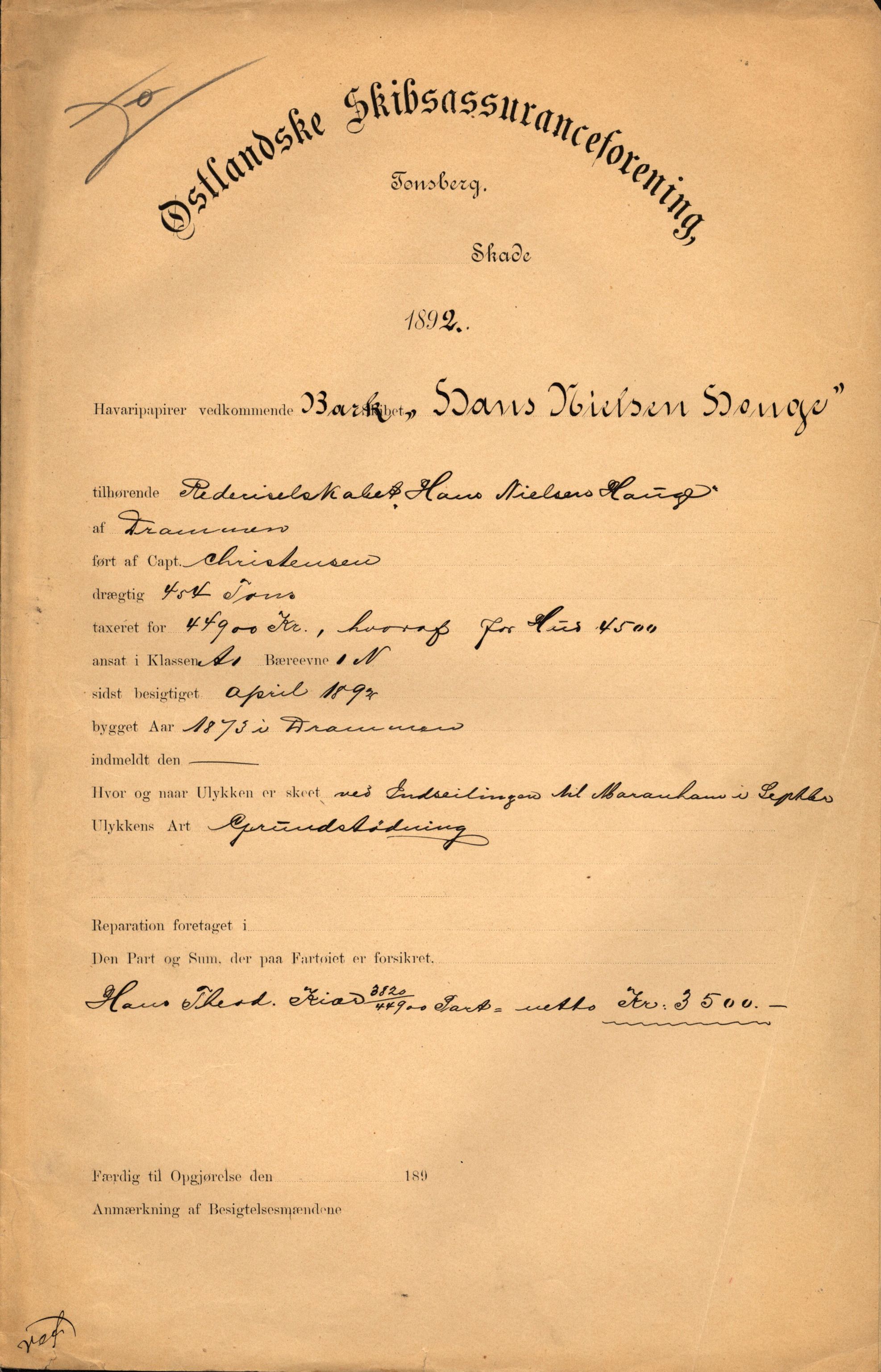 Pa 63 - Østlandske skibsassuranceforening, VEMU/A-1079/G/Ga/L0028/0004: Havaridokumenter / Hurtig, Helene, Hans Nielsen Hauge, Telefon, Zeppora, 1892, s. 6