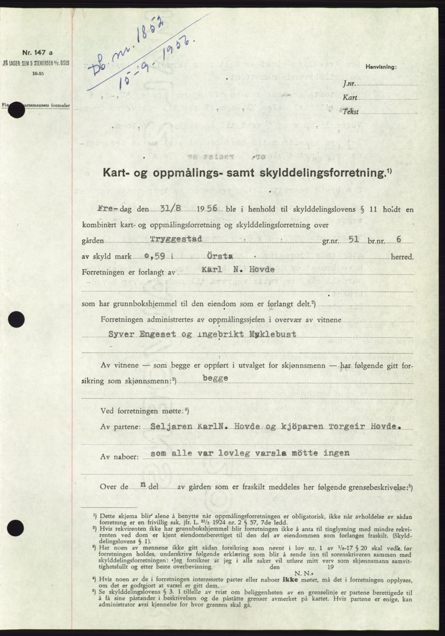 Søre Sunnmøre sorenskriveri, AV/SAT-A-4122/1/2/2C/L0104: Pantebok nr. 30A, 1956-1956, Dagboknr: 1852/1956
