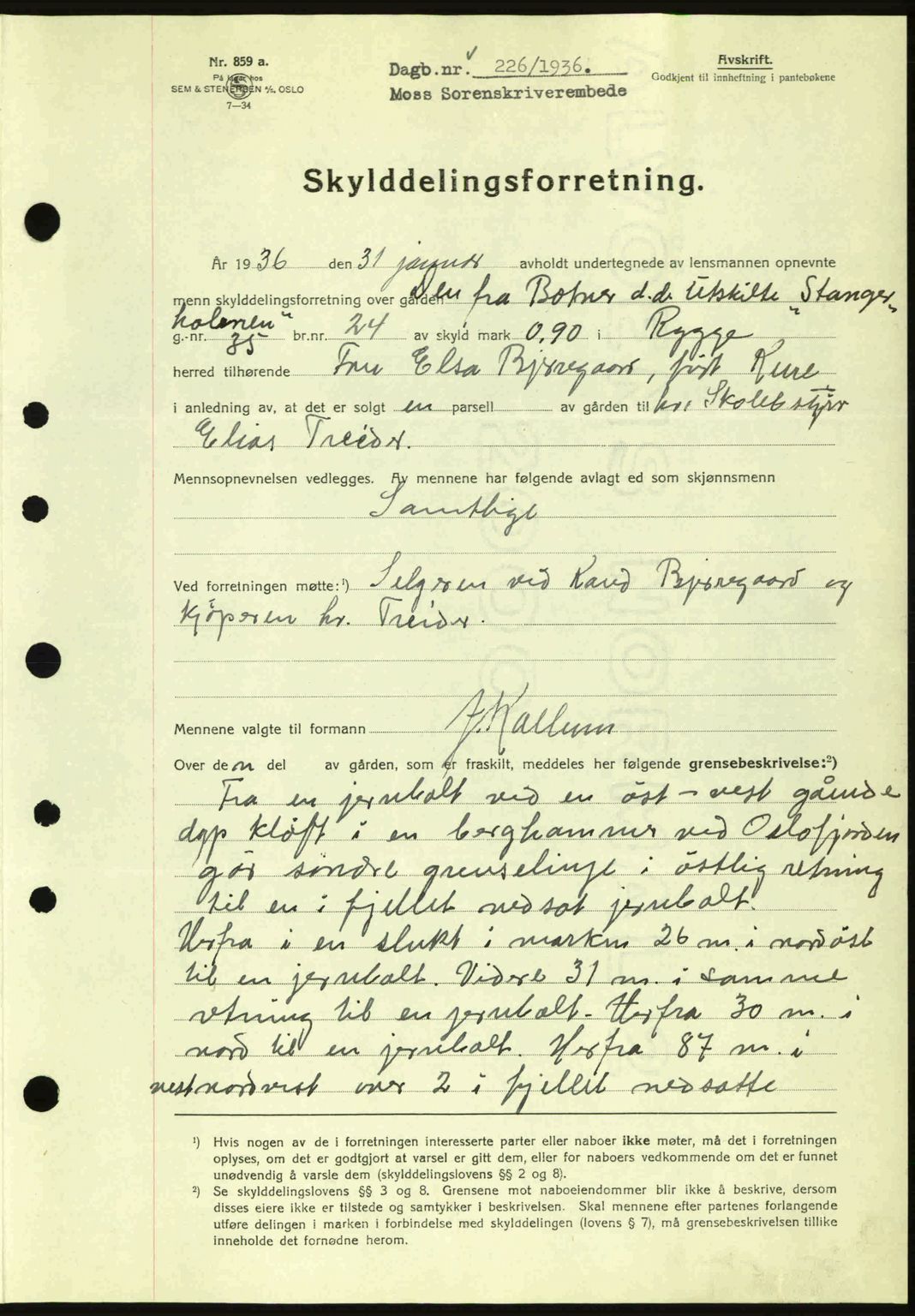 Moss sorenskriveri, SAO/A-10168: Pantebok nr. A1, 1936-1936, Dagboknr: 226/1936