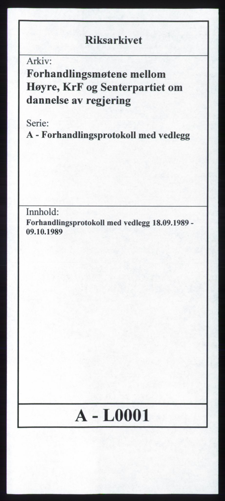 Forhandlingsmøtene 1989 mellom Høyre, KrF og Senterpartiet om dannelse av regjering, RA/PA-0697/A/L0001: Forhandlingsprotokoll med vedlegg, 1989, s. 1