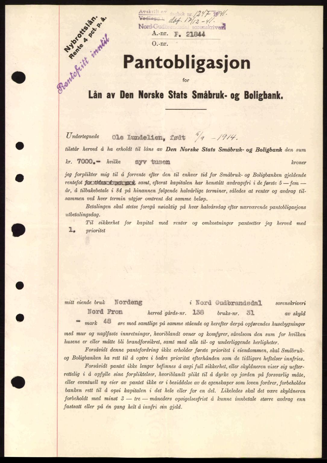 Nord-Gudbrandsdal tingrett, SAH/TING-002/H/Hb/Hbb/L0007: Pantebok nr. FA7, 1941-1941, Dagboknr: 1247/1941