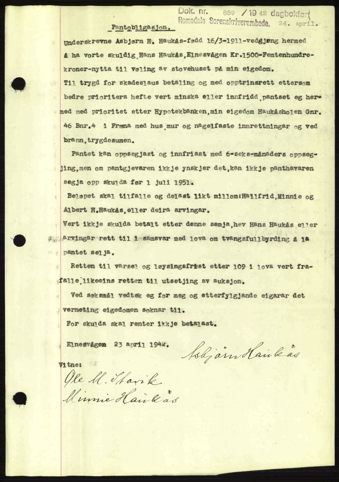Romsdal sorenskriveri, SAT/A-4149/1/2/2C: Pantebok nr. B2, 1939-1945, Dagboknr: 859/1942