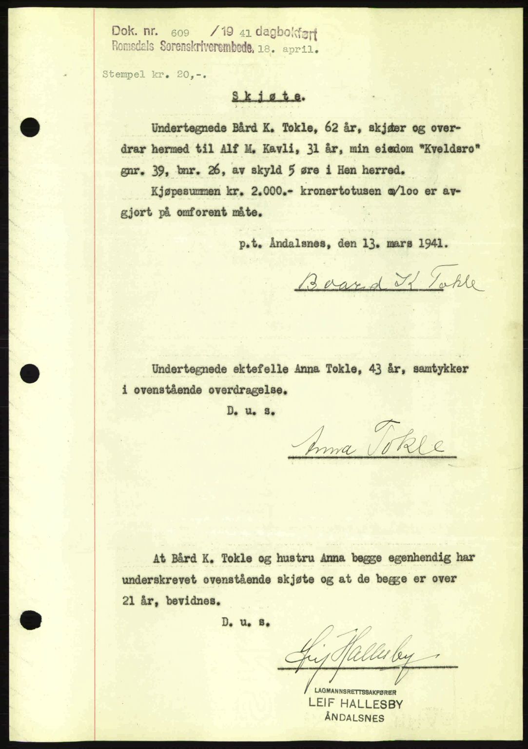 Romsdal sorenskriveri, SAT/A-4149/1/2/2C: Pantebok nr. A9, 1940-1941, Dagboknr: 609/1941