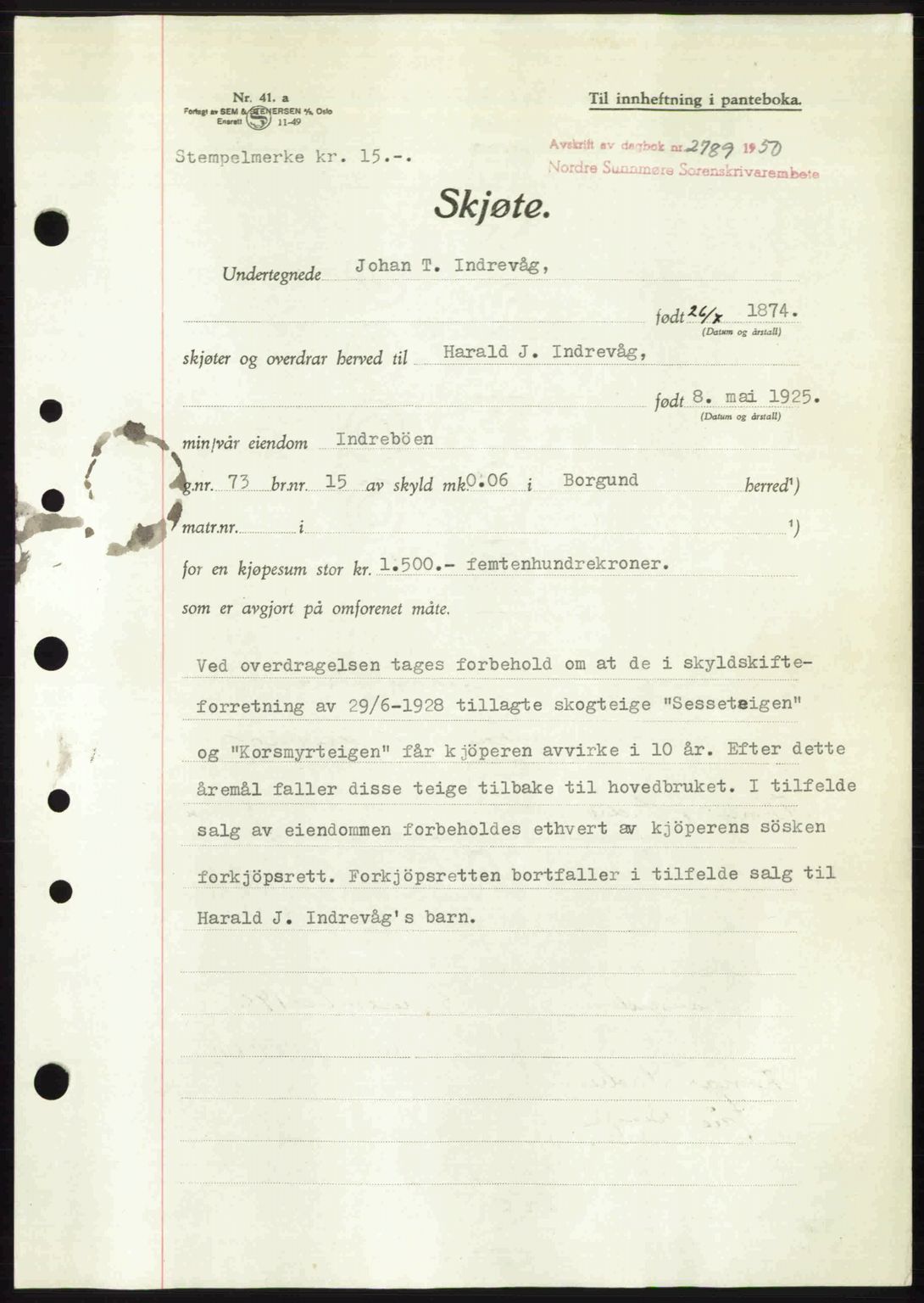 Nordre Sunnmøre sorenskriveri, AV/SAT-A-0006/1/2/2C/2Ca: Pantebok nr. A36, 1950-1950, Dagboknr: 2789/1950