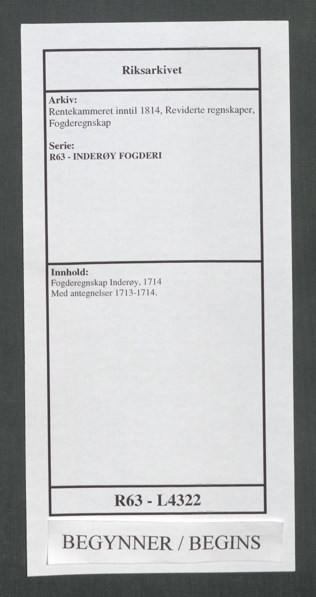 Rentekammeret inntil 1814, Reviderte regnskaper, Fogderegnskap, AV/RA-EA-4092/R63/L4322: Fogderegnskap Inderøy, 1714, s. 1