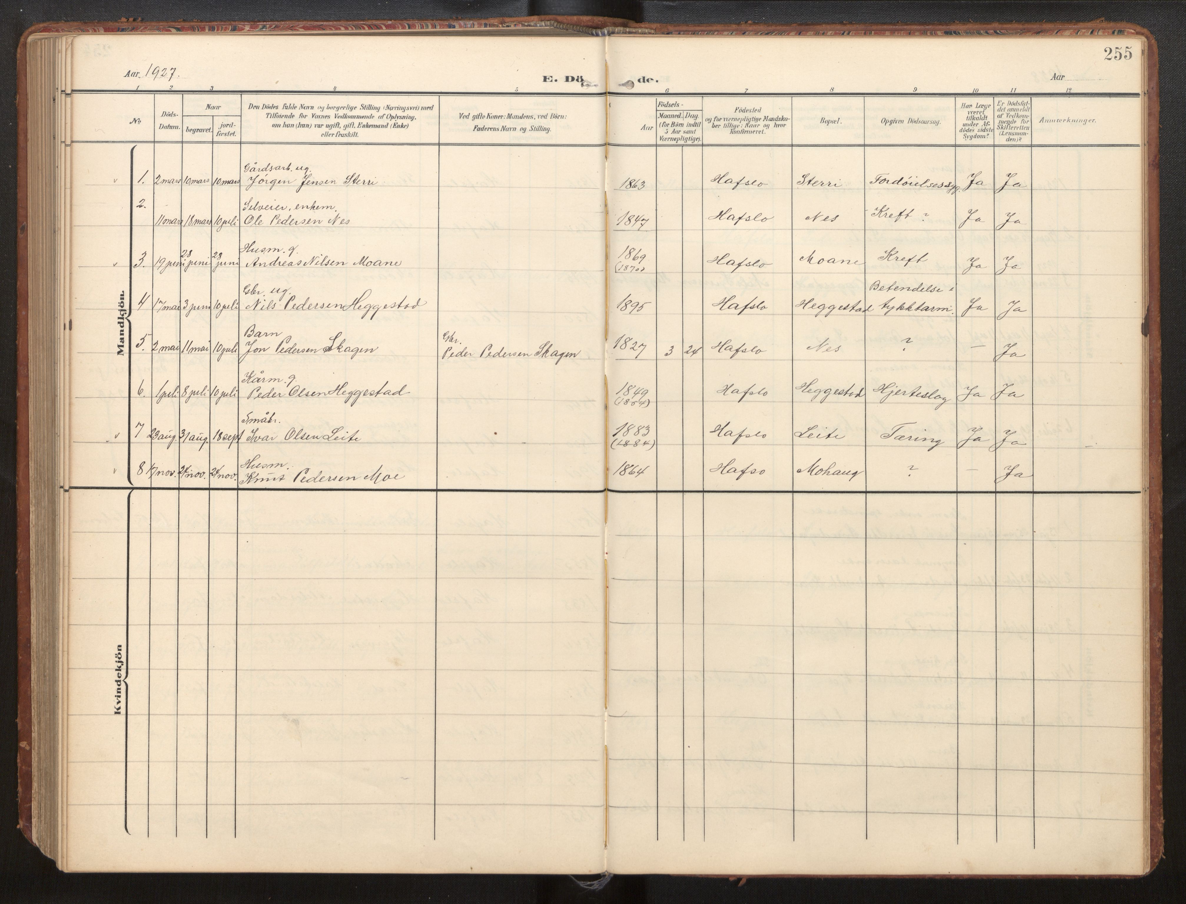 Hafslo sokneprestembete, AV/SAB-A-80301/H/Hab/Habb/L0002: Klokkerbok nr. B 2, 1909-1947, s. 255