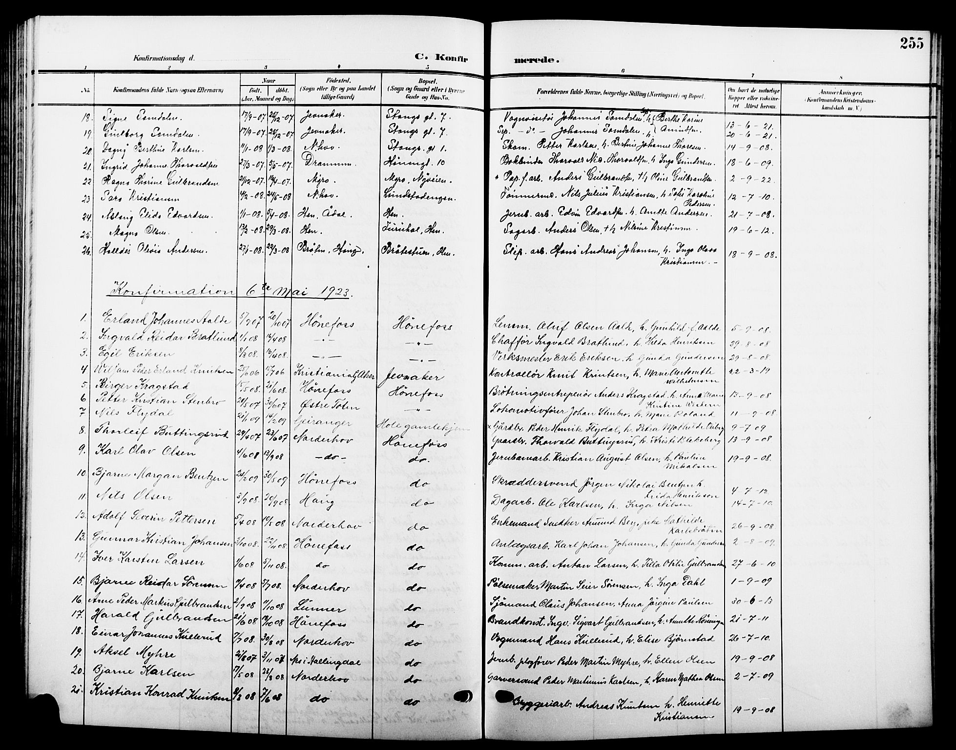 Hønefoss kirkebøker, AV/SAKO-A-609/G/Ga/L0003: Klokkerbok nr. 3, 1905-1925, s. 255