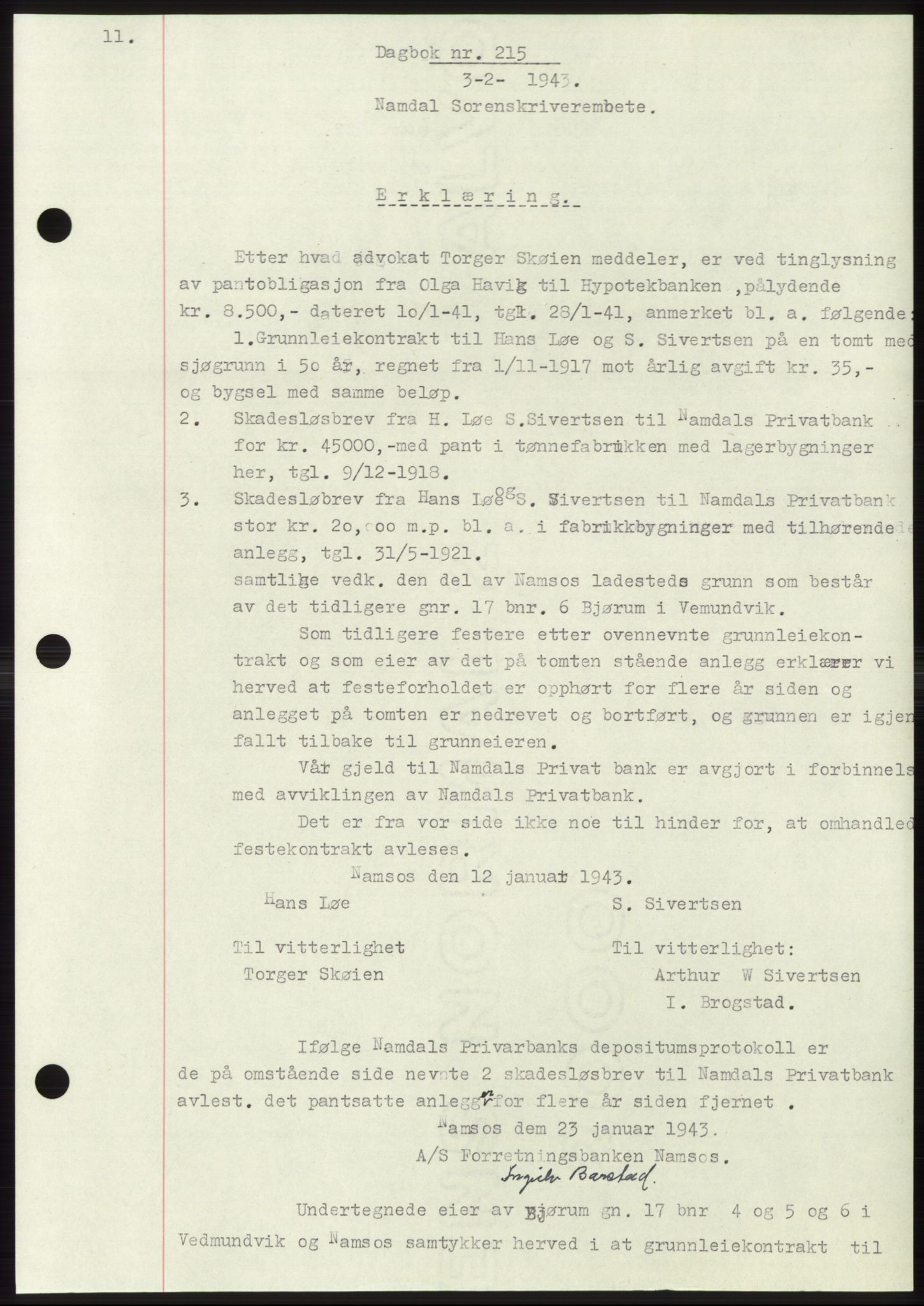 Namdal sorenskriveri, SAT/A-4133/1/2/2C: Pantebok nr. -, 1942-1943, Dagboknr: 215/1943