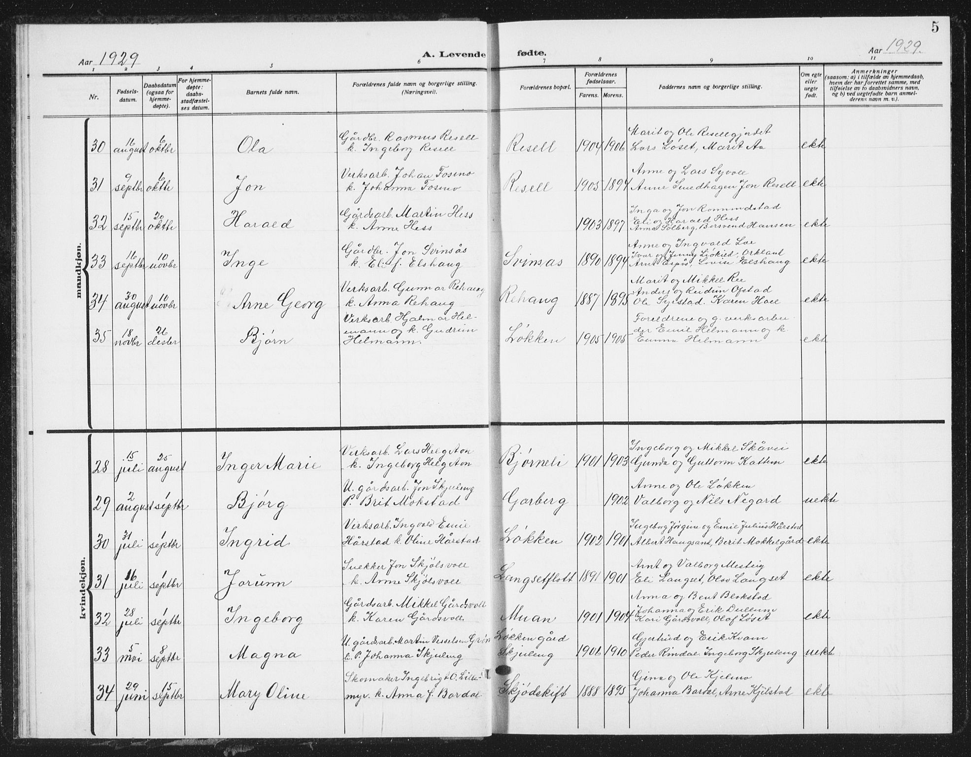 Ministerialprotokoller, klokkerbøker og fødselsregistre - Sør-Trøndelag, SAT/A-1456/672/L0866: Klokkerbok nr. 672C05, 1929-1939, s. 5
