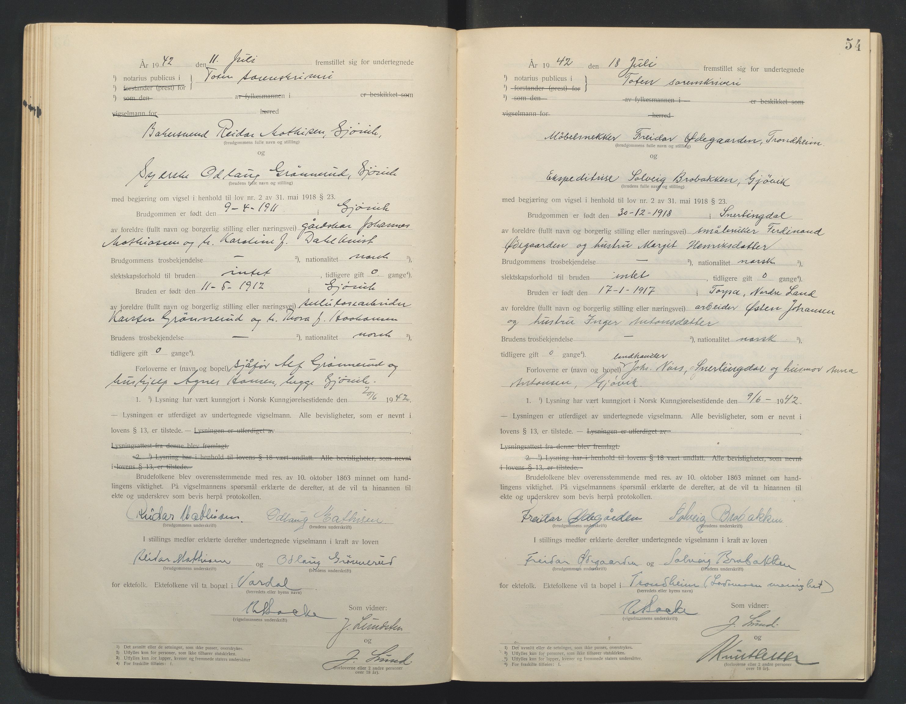 Toten tingrett, AV/SAH-TING-006/L/Lc/L0001: Vigselbok, 1920-1942, s. 54