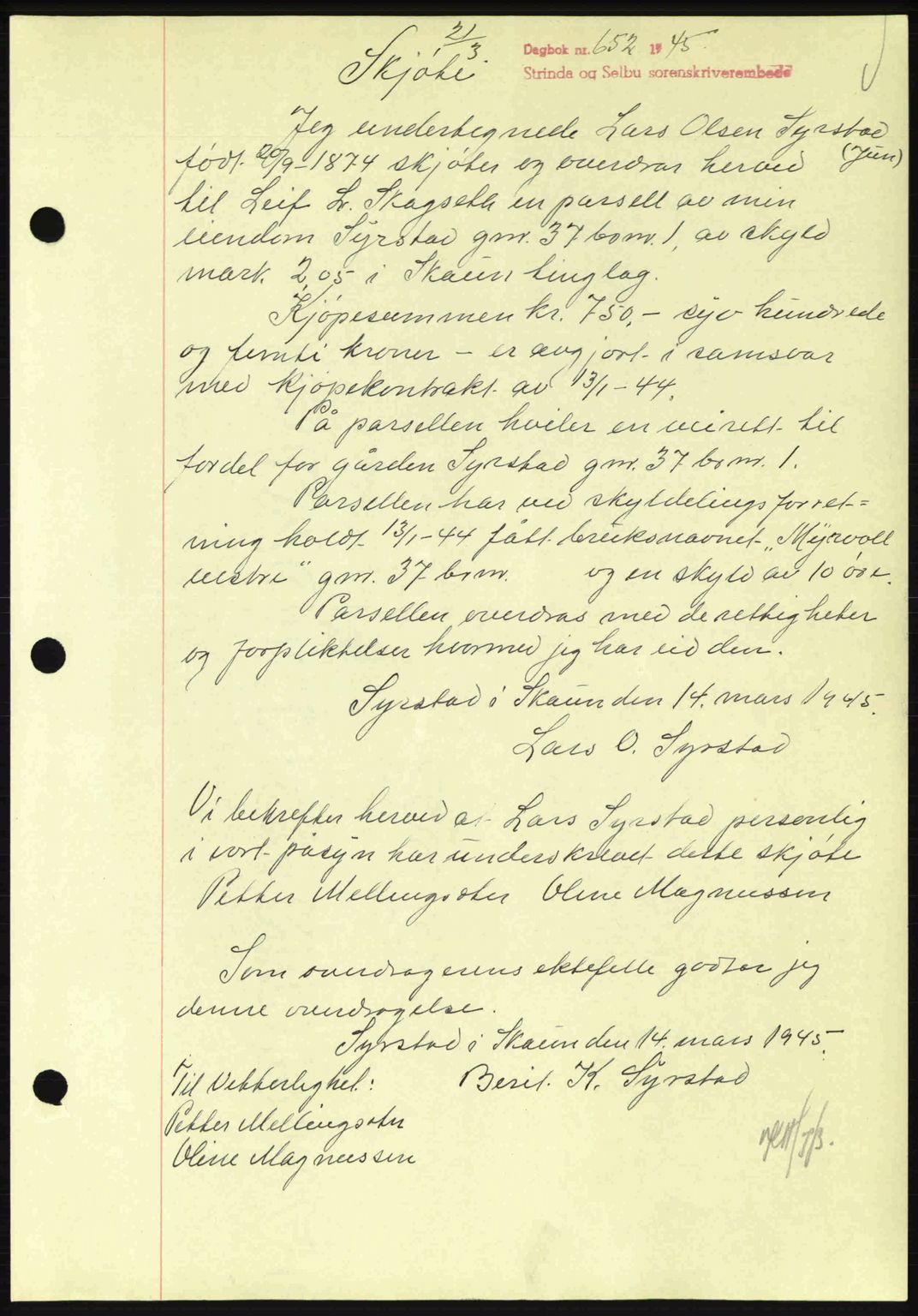 Strinda og Selbu sorenskriveri, SAT/A-0015/2/2C: Pantebok nr. A9, 1944-1945, Dagboknr: 652/1945