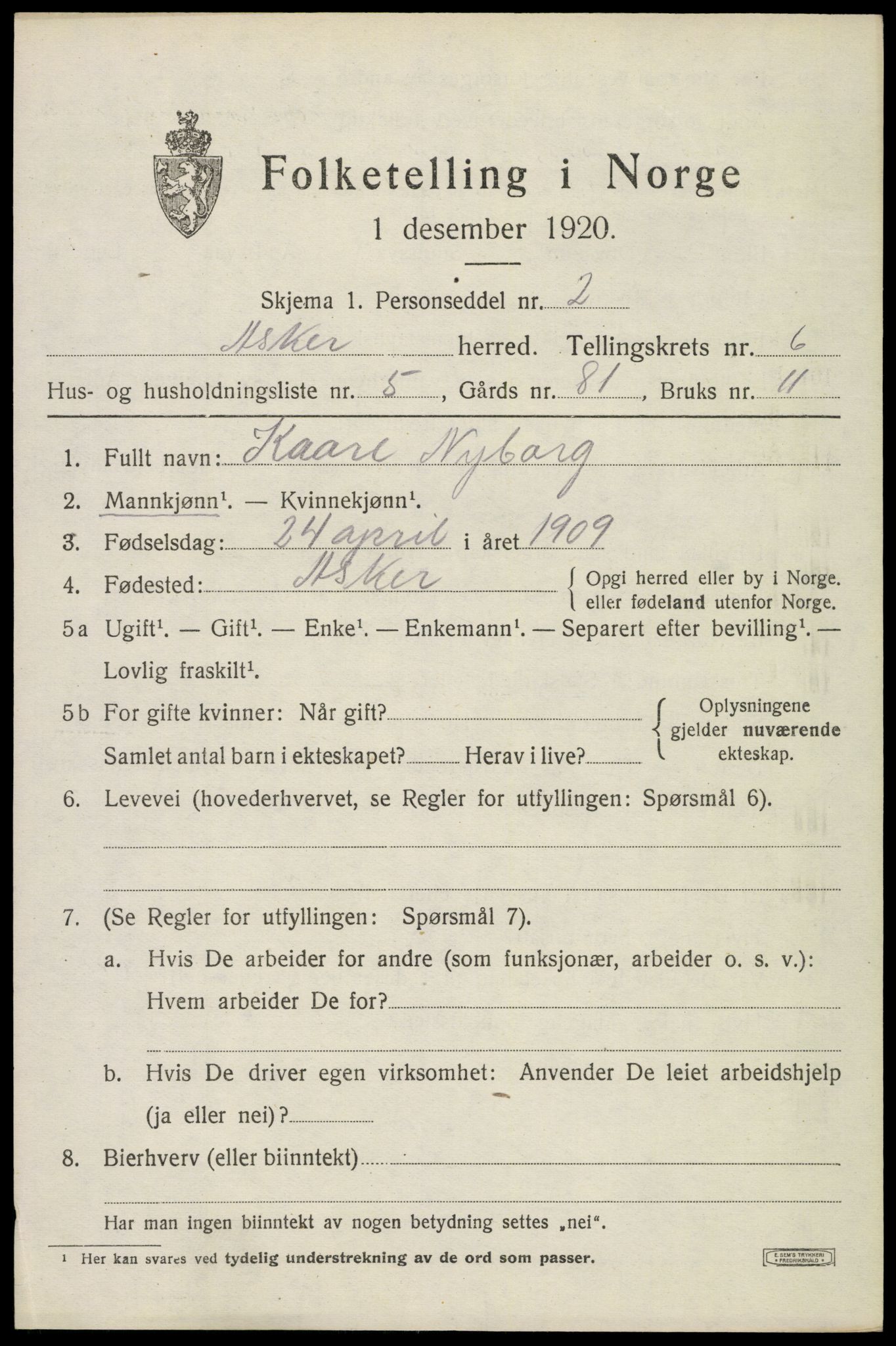 SAO, Folketelling 1920 for 0220 Asker herred, 1920, s. 14158