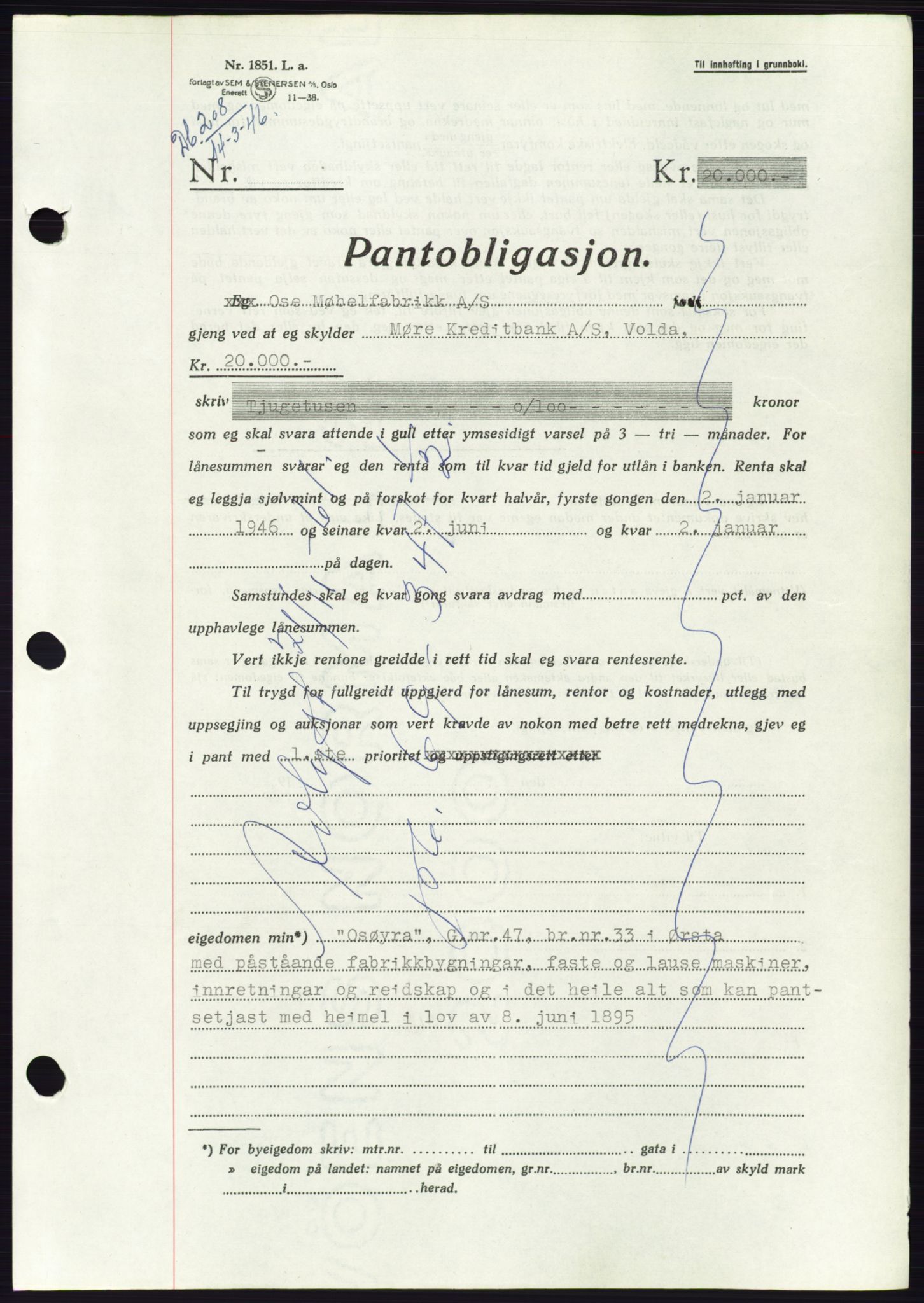Søre Sunnmøre sorenskriveri, AV/SAT-A-4122/1/2/2C/L0114: Pantebok nr. 1-2B, 1943-1947, Dagboknr: 208/1946