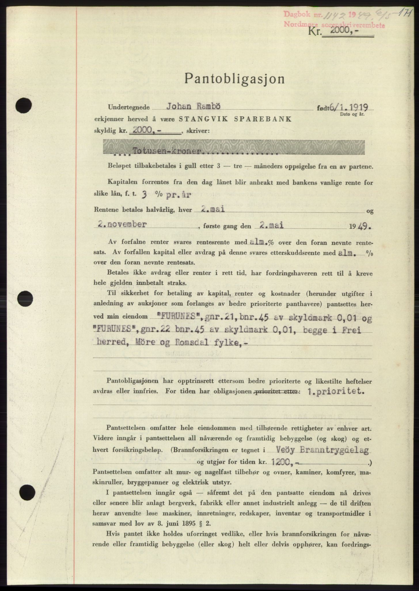 Nordmøre sorenskriveri, SAT/A-4132/1/2/2Ca: Pantebok nr. B101, 1949-1949, Dagboknr: 1142/1949
