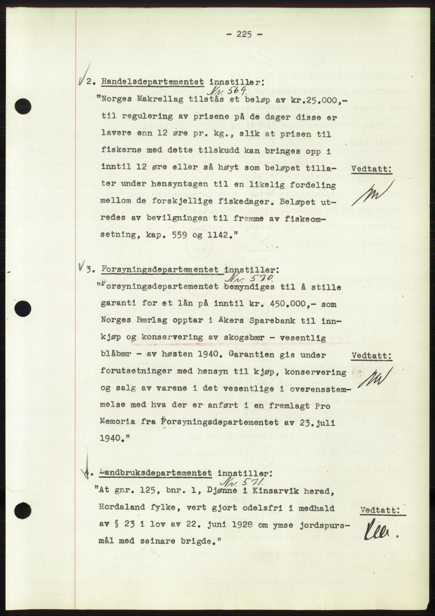 Administrasjonsrådet, RA/S-1004/A/L0002: Vedtaksprotokoll 16/4-25/9, 1940, s. 229
