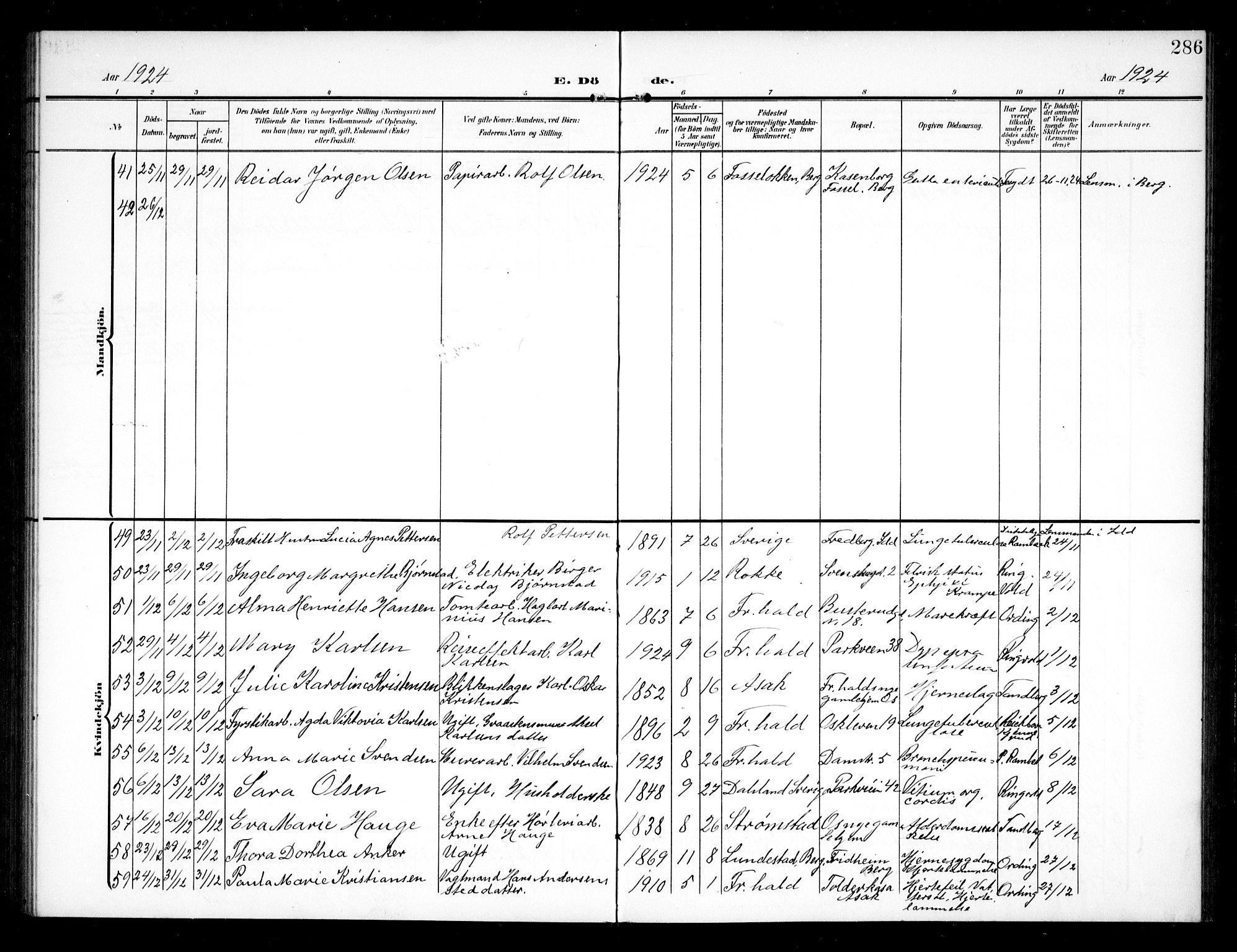 Halden prestekontor Kirkebøker, AV/SAO-A-10909/G/Ga/L0011: Klokkerbok nr. 11, 1906-1934, s. 286