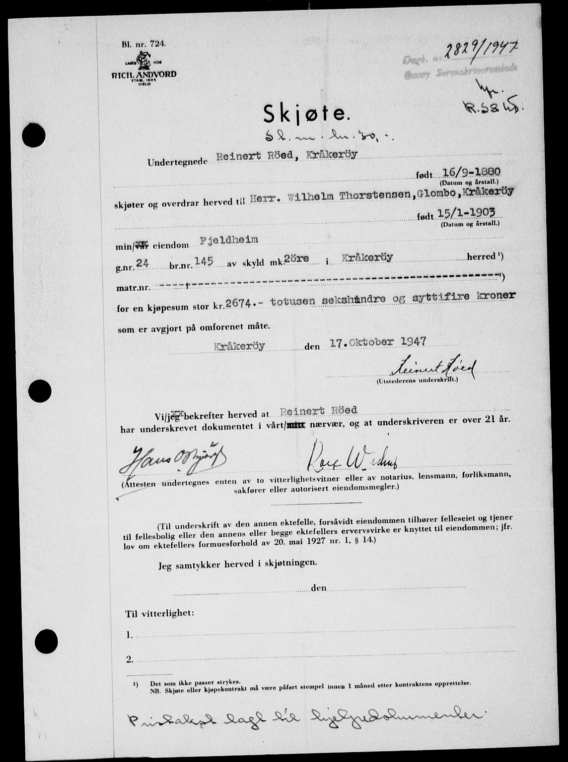Onsøy sorenskriveri, SAO/A-10474/G/Ga/Gab/L0021: Pantebok nr. II A-21, 1947-1947, Dagboknr: 2829/1947
