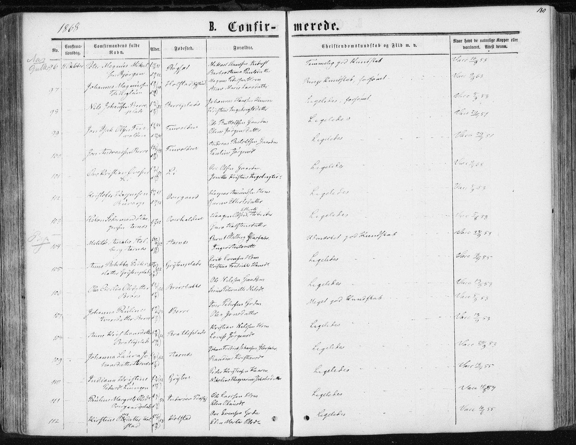 Ministerialprotokoller, klokkerbøker og fødselsregistre - Nord-Trøndelag, SAT/A-1458/741/L0394: Ministerialbok nr. 741A08, 1864-1877, s. 180