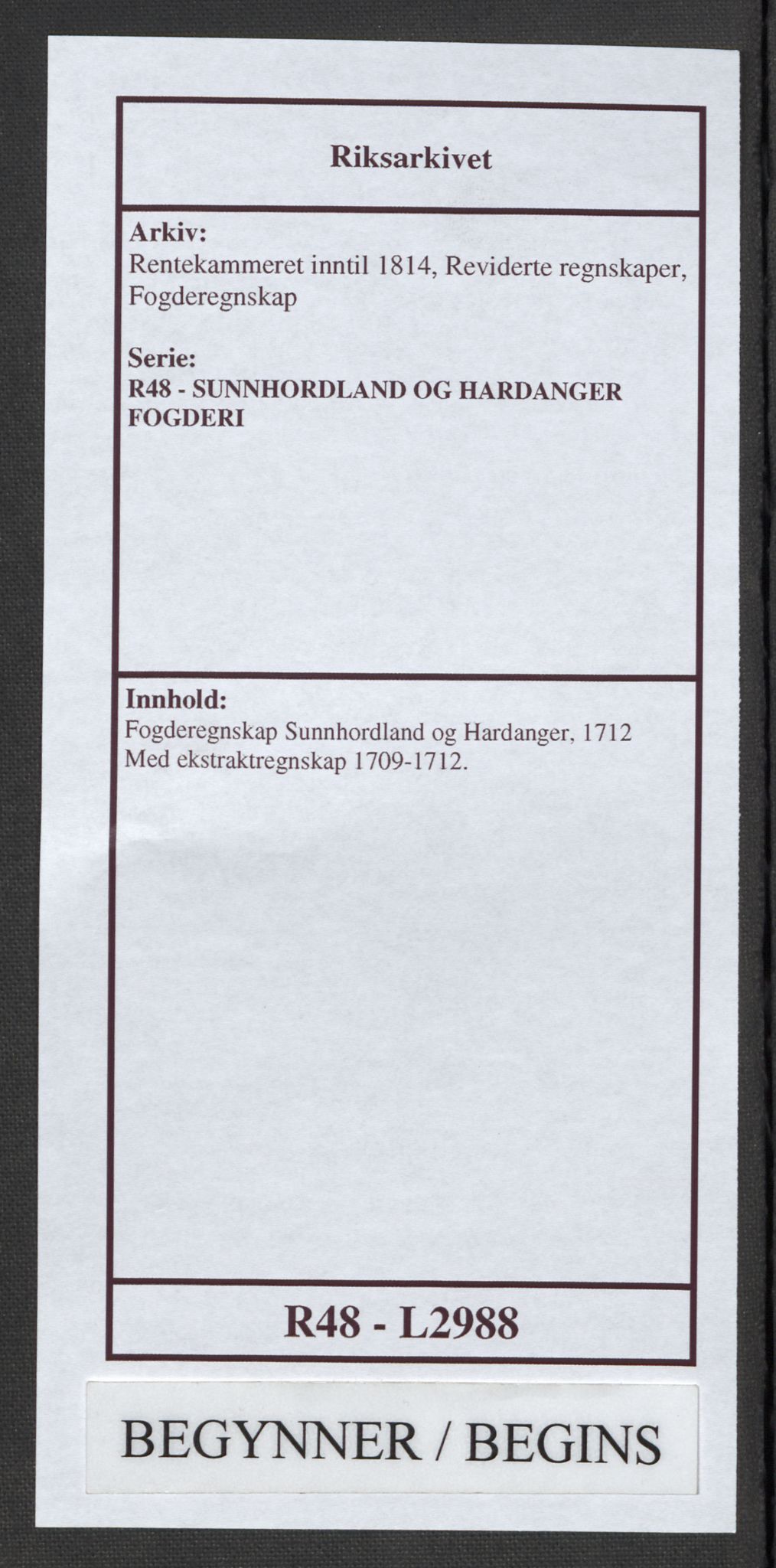 Rentekammeret inntil 1814, Reviderte regnskaper, Fogderegnskap, RA/EA-4092/R48/L2988: Fogderegnskap Sunnhordland og Hardanger, 1712, s. 1