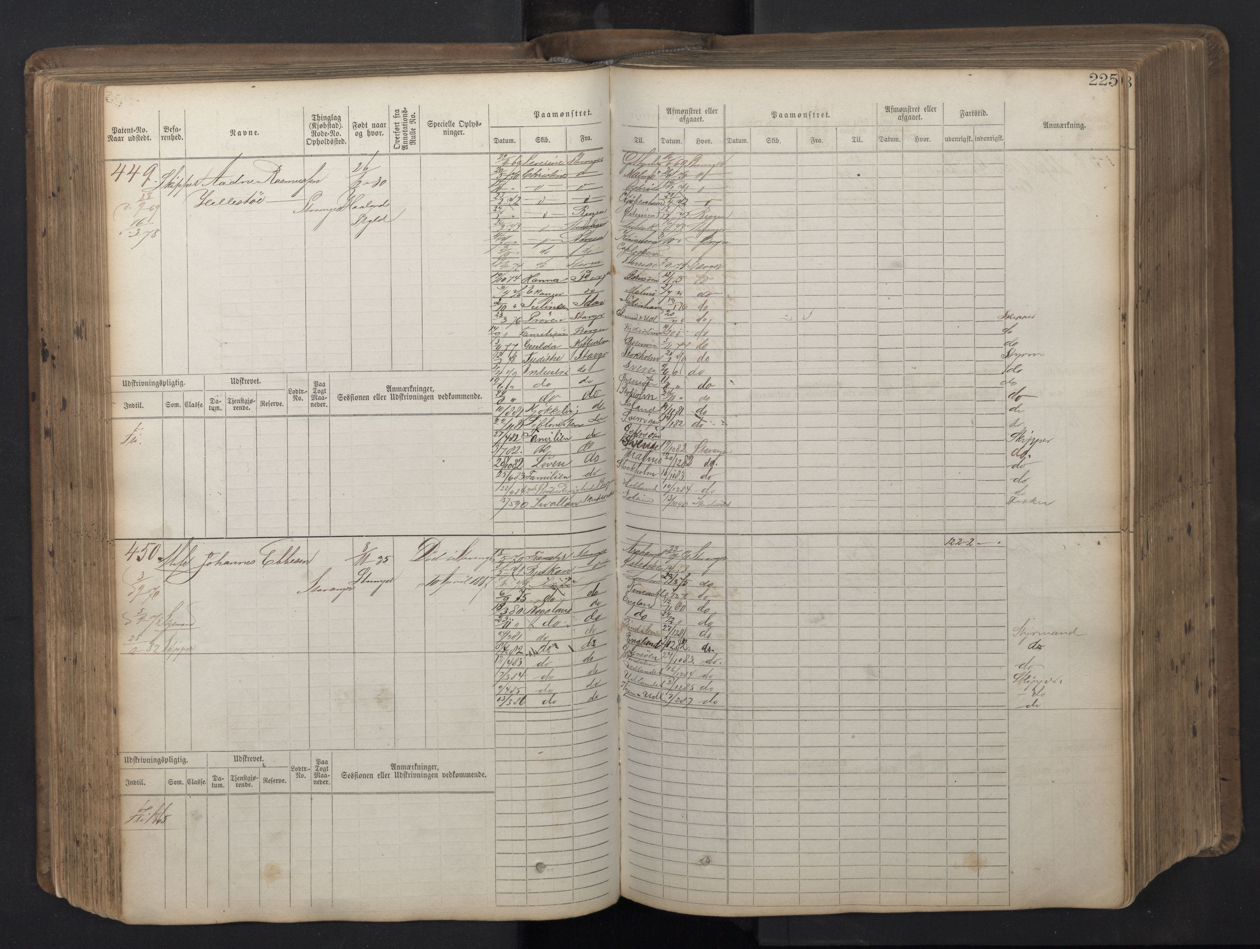 Stavanger sjømannskontor, AV/SAST-A-102006/F/Fb/Fbb/L0016: Sjøfartshovedrulle patnentnr. 1-1202 (dublett), 1869, s. 225