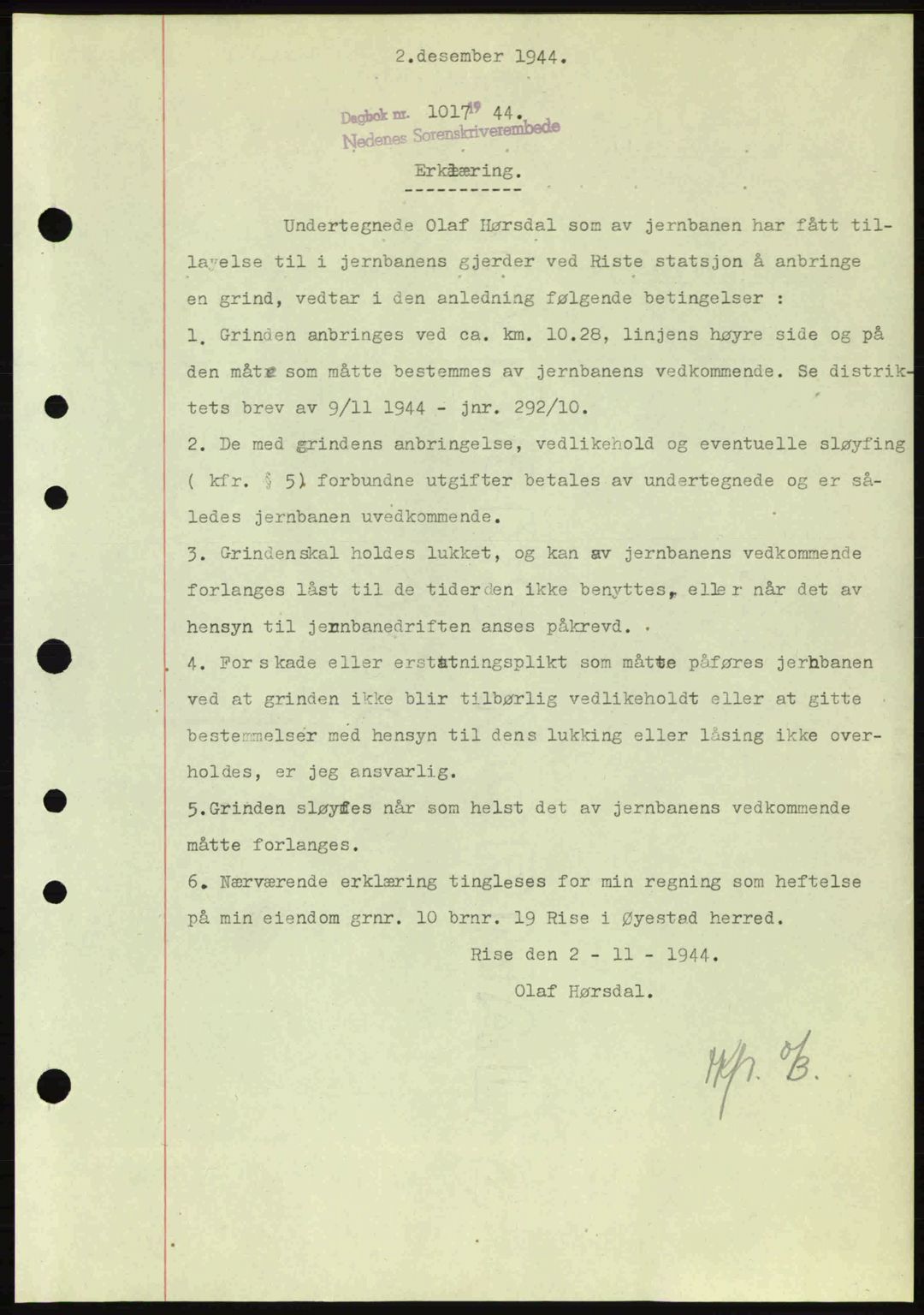 Nedenes sorenskriveri, SAK/1221-0006/G/Gb/Gba/L0052: Pantebok nr. A6a, 1944-1945, Dagboknr: 1017/1944