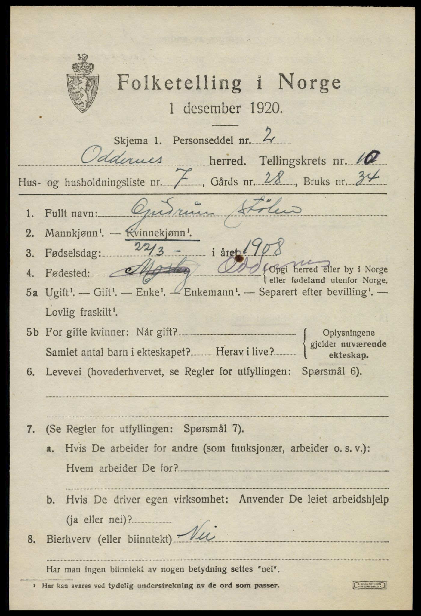 SAK, Folketelling 1920 for 1012 Oddernes herred, 1920, s. 6437