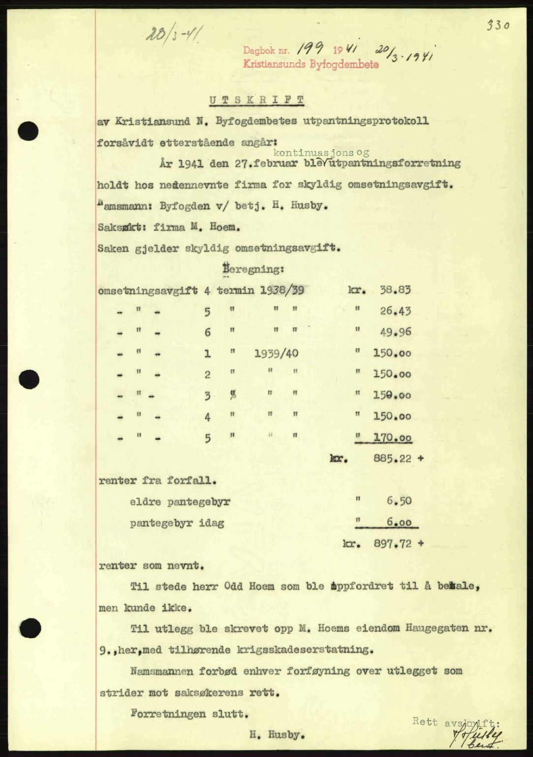Kristiansund byfogd, SAT/A-4587/A/27: Pantebok nr. 33, 1939-1941, Dagboknr: 199/1941