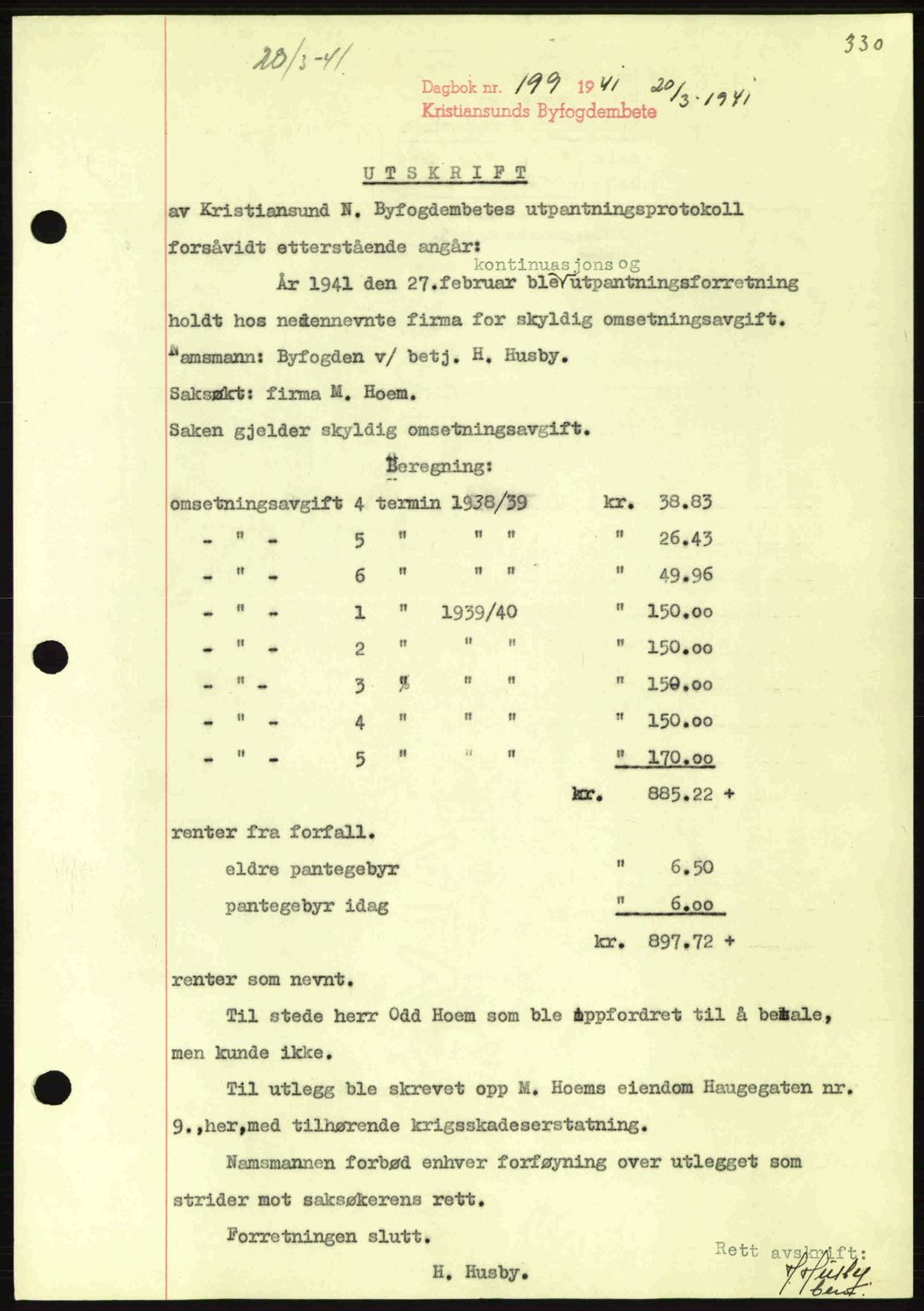 Kristiansund byfogd, AV/SAT-A-4587/A/27: Pantebok nr. 33, 1939-1941, Dagboknr: 199/1941