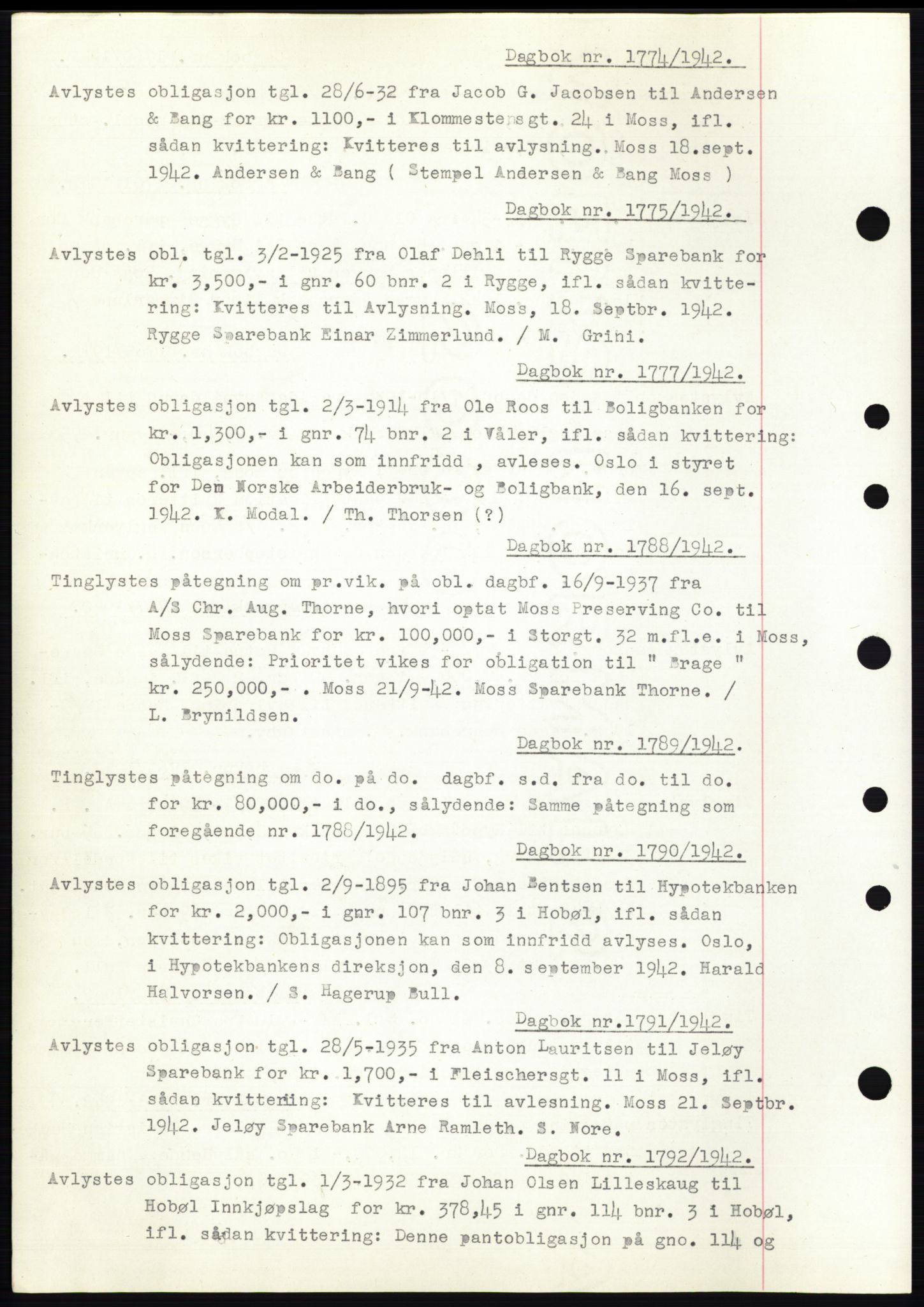 Moss sorenskriveri, SAO/A-10168: Pantebok nr. C10, 1938-1950, Dagboknr: 1774/1942