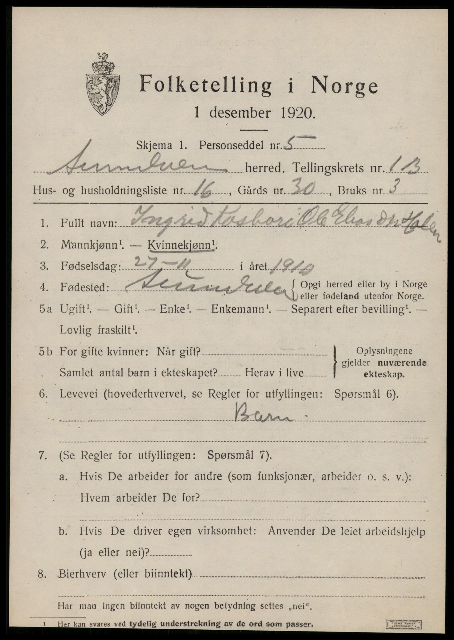 SAT, Folketelling 1920 for 1523 Sunnylven herred, 1920, s. 1192