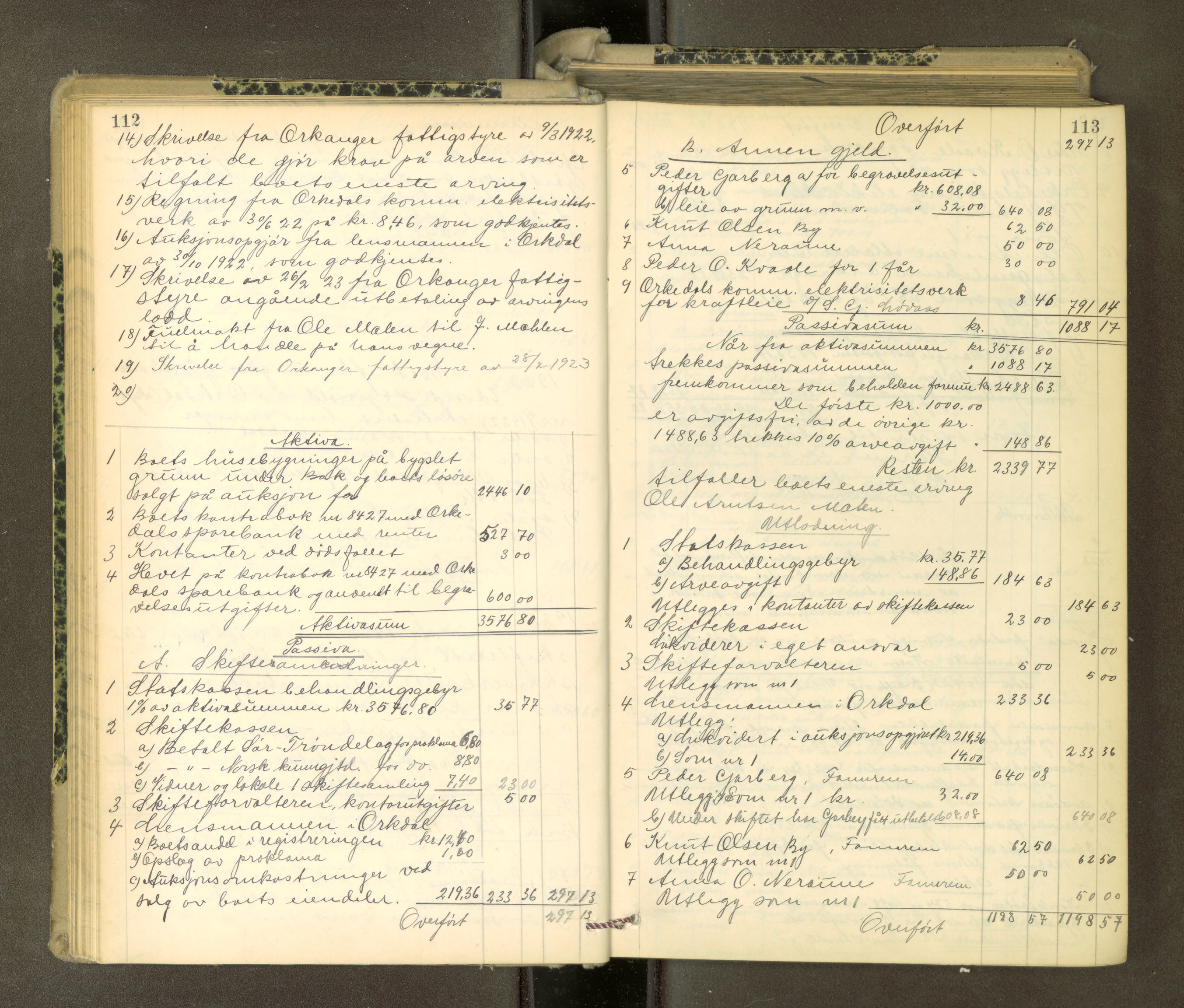 Orkdal sorenskriveri, AV/SAT-A-4169/1/3/3Aa/L0017: Skifteprotokoller, 1921-1929, s. 112-113