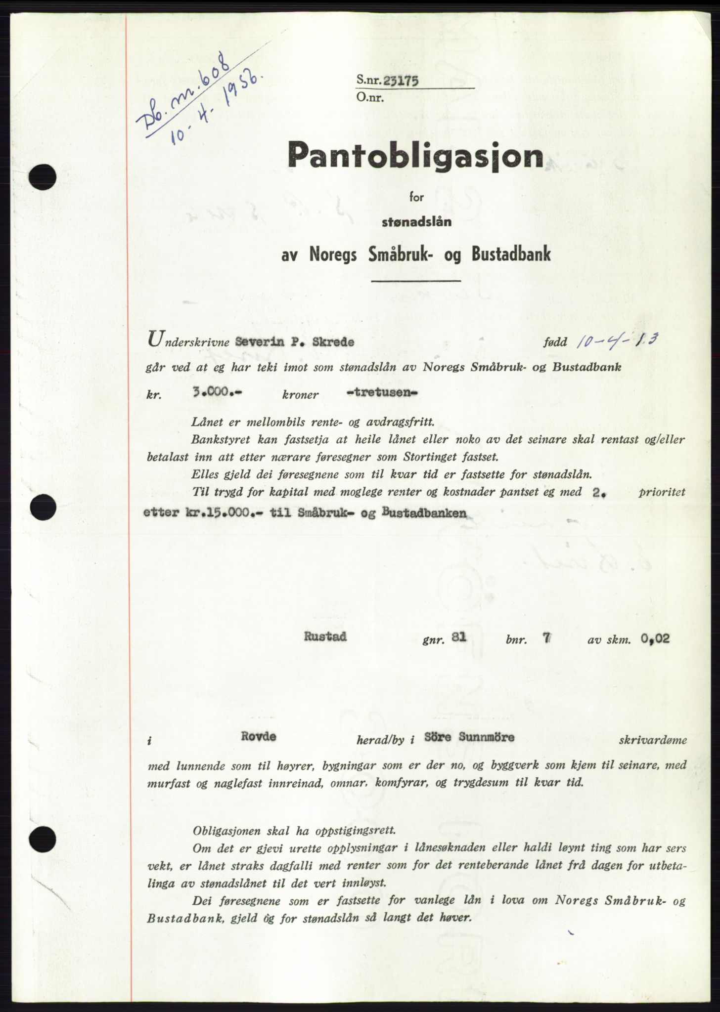 Søre Sunnmøre sorenskriveri, SAT/A-4122/1/2/2C/L0128: Pantebok nr. 16B, 1956-1956, Dagboknr: 608/1956
