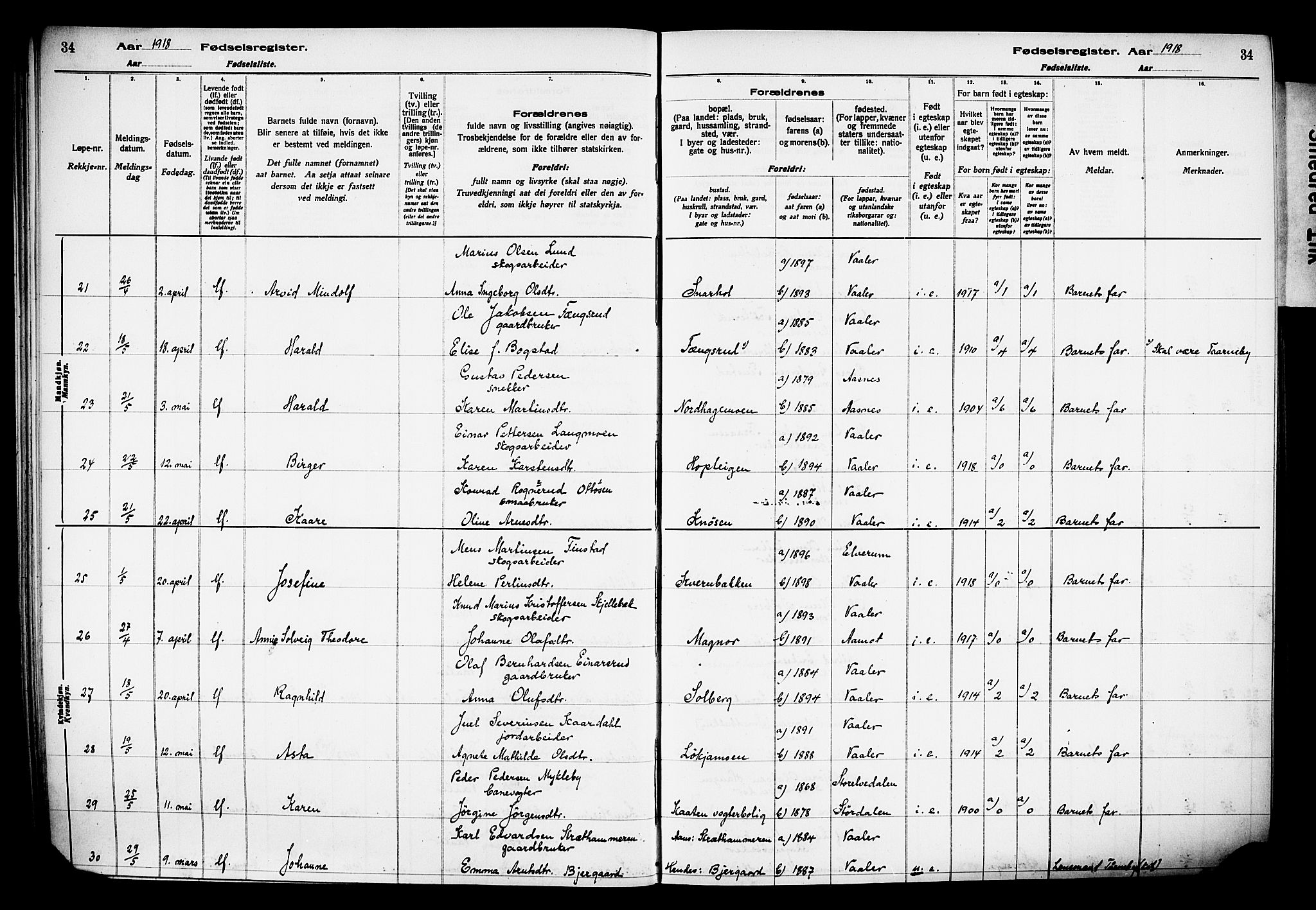 Våler prestekontor, Hedmark, AV/SAH-PREST-040/I/Id/L0001: Fødselsregister nr. 1, 1916-1930, s. 34