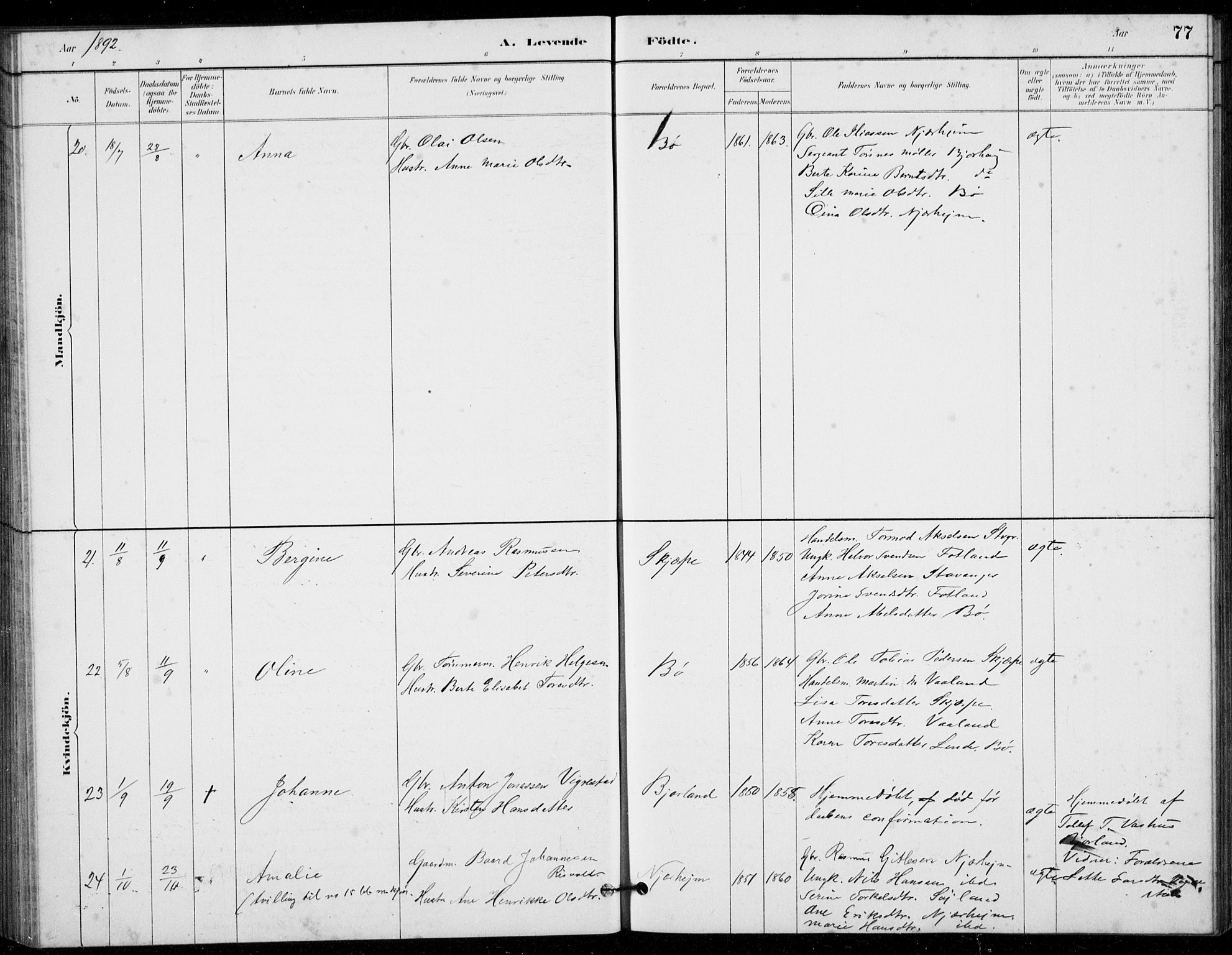 Hå sokneprestkontor, AV/SAST-A-101801/001/30BB/L0003: Klokkerbok nr. B 3, 1883-1894, s. 77