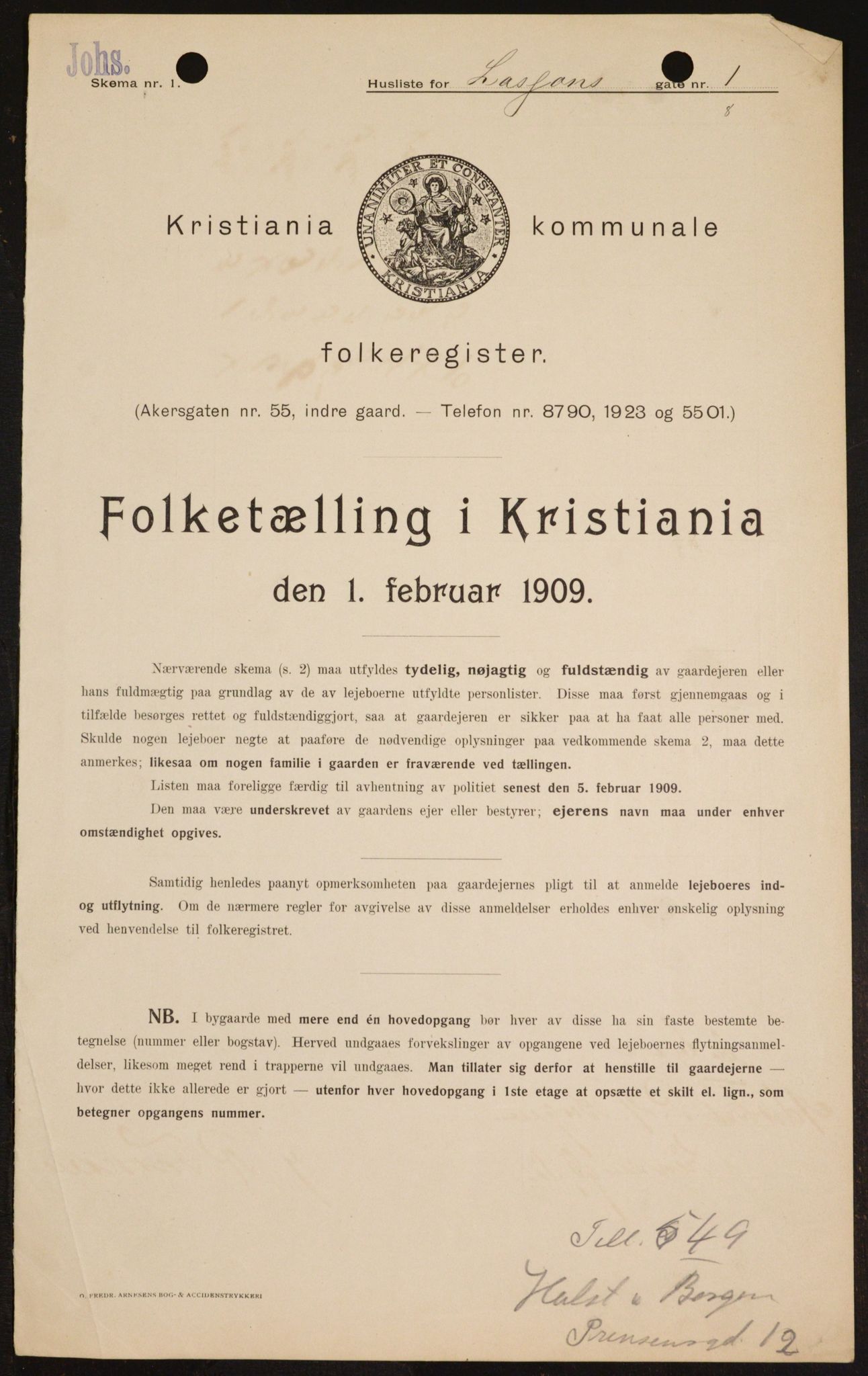 OBA, Kommunal folketelling 1.2.1909 for Kristiania kjøpstad, 1909, s. 52194