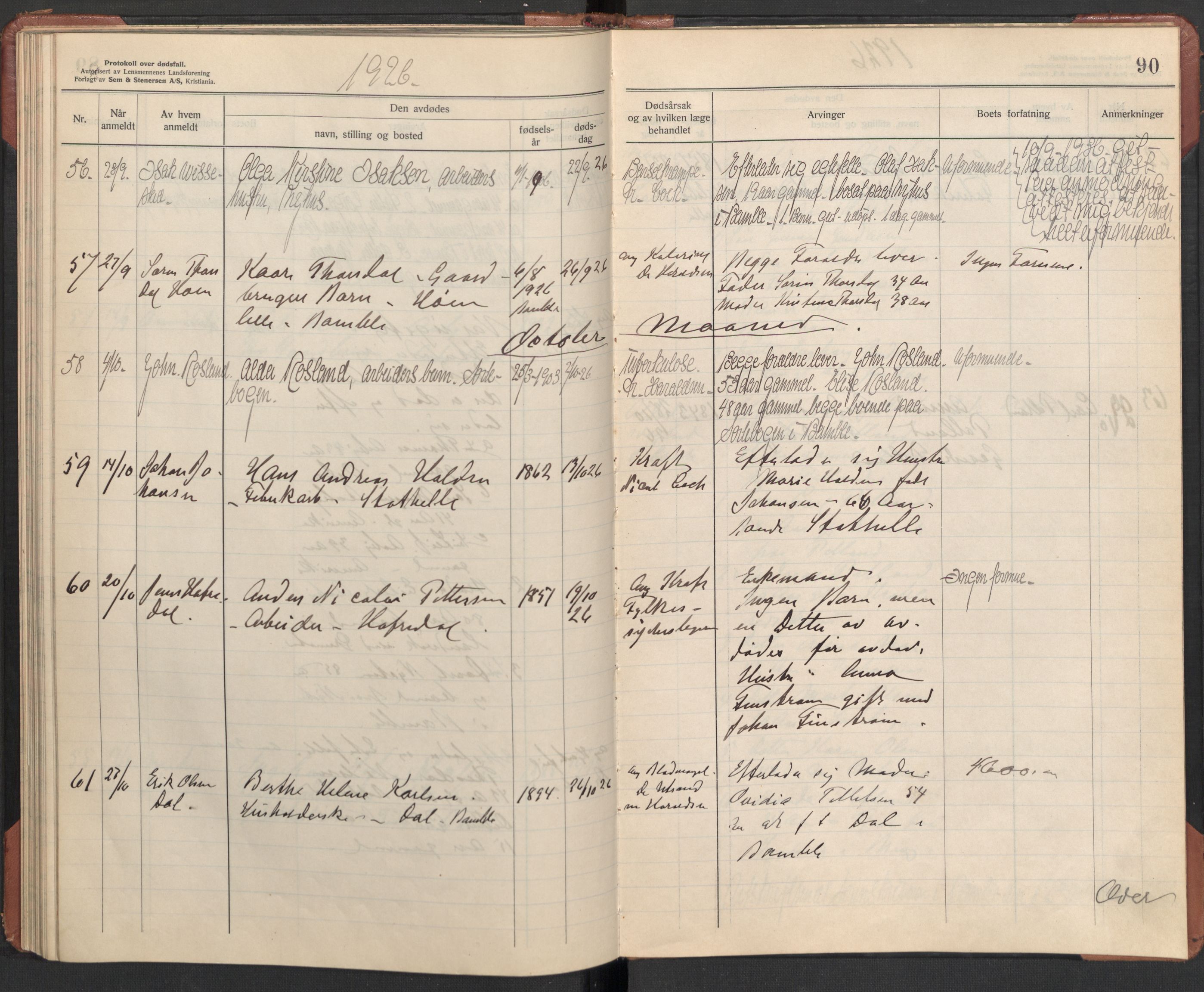 Bamble lensmannskontor, AV/SAKO-A-552/H/Ha/Haa/L0004: Dødsfallsprotokoll, 1923-1926, s. 90