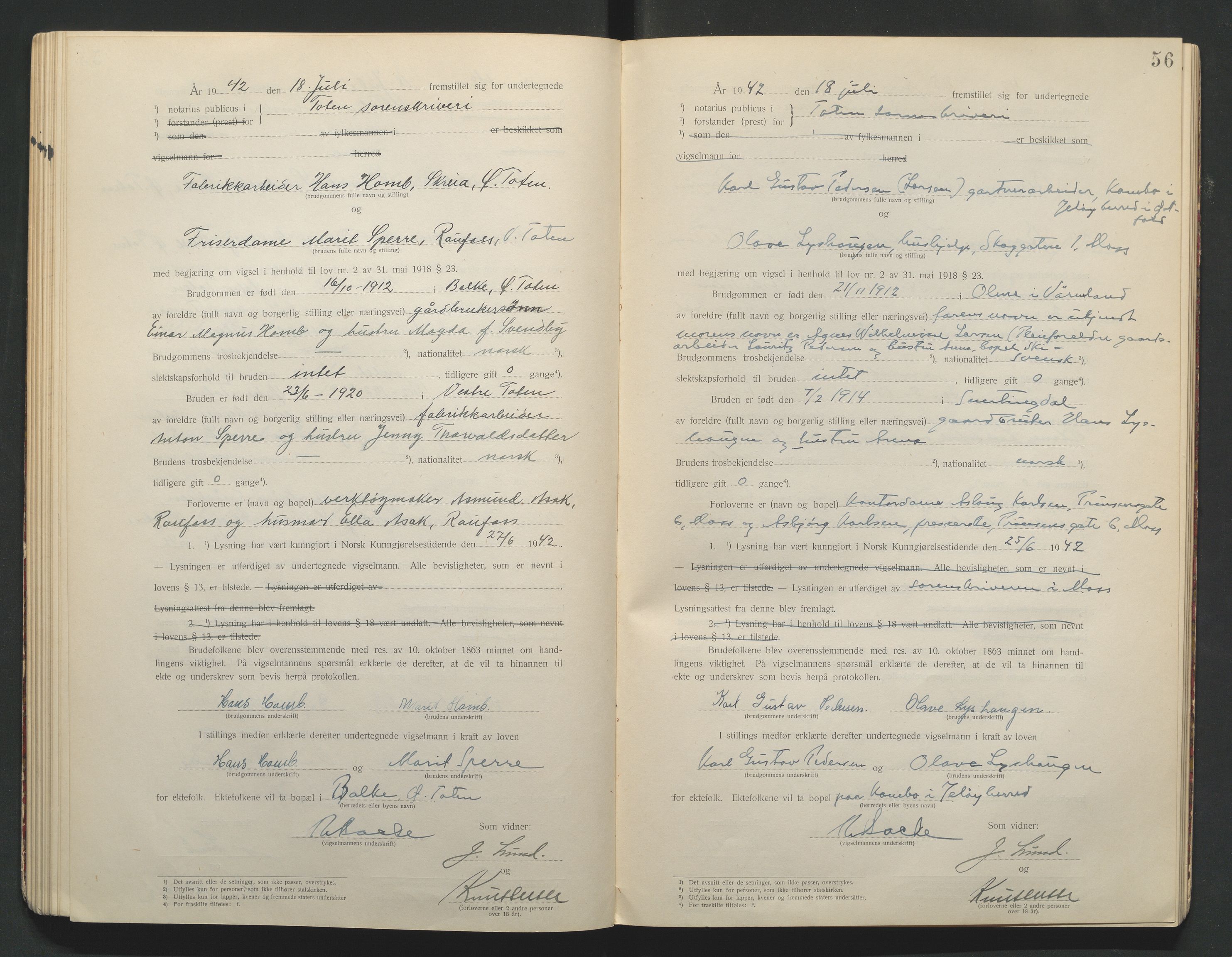 Toten tingrett, AV/SAH-TING-006/L/Lc/L0001: Vigselbok, 1920-1942, s. 56
