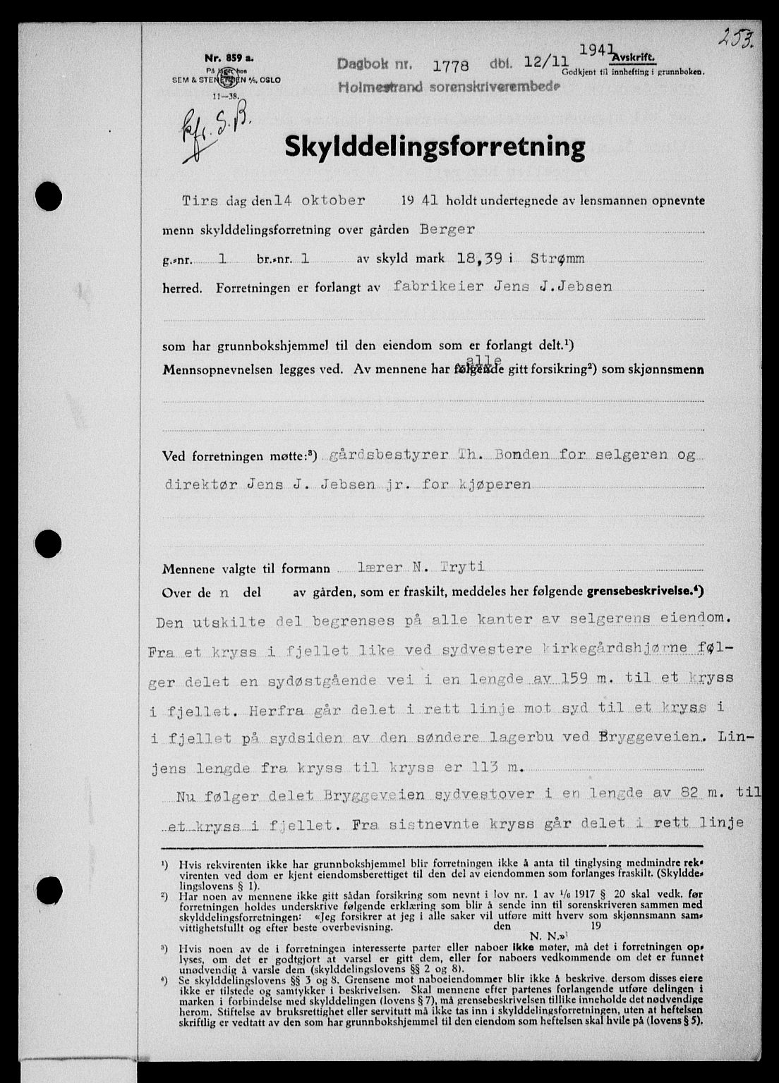 Holmestrand sorenskriveri, SAKO/A-67/G/Ga/Gaa/L0054: Pantebok nr. A-54, 1941-1942, Dagboknr: 1778/1941